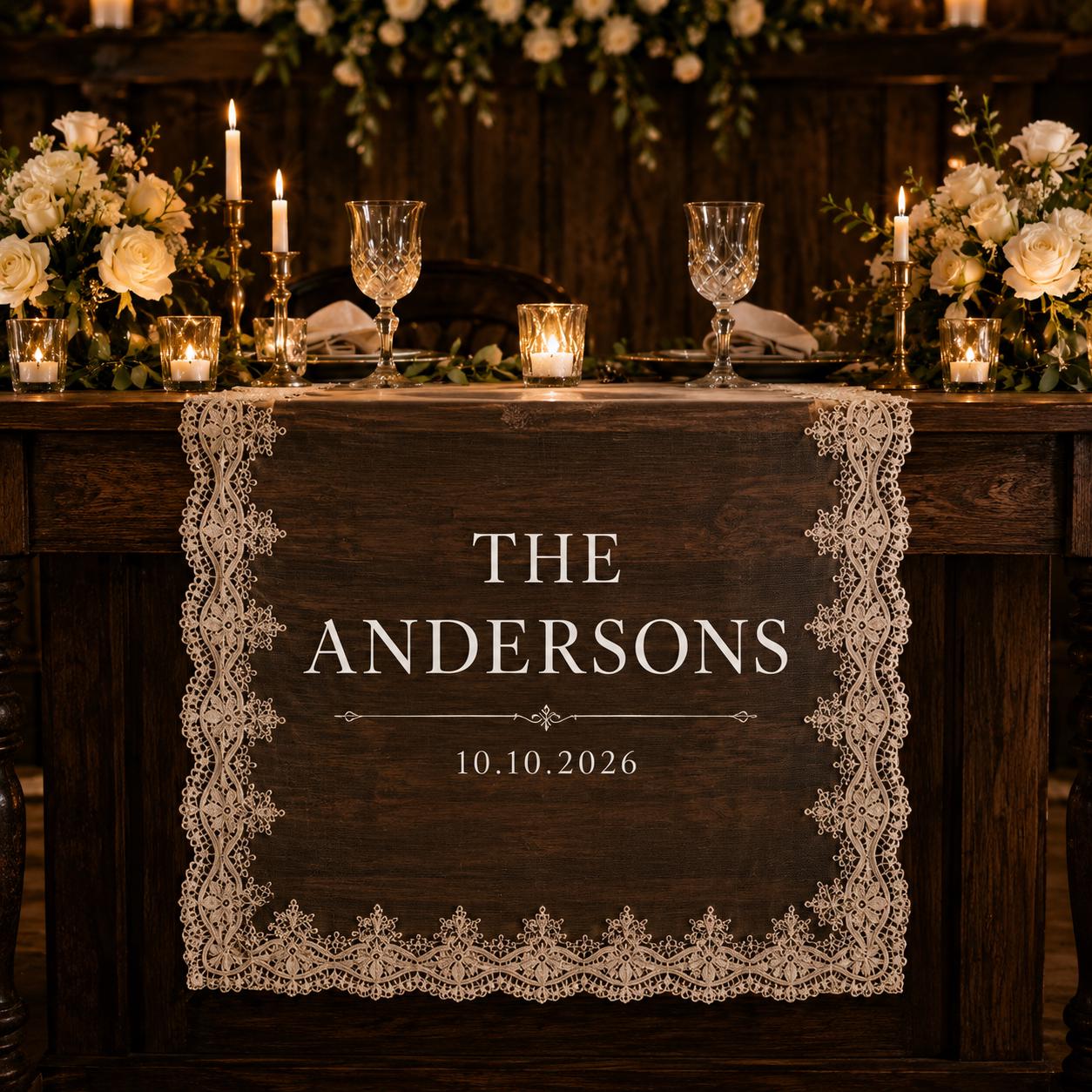 Personalized Lace Table Runner with Custom Family Name Linen Table Runner for Wedding Decor, Bridal Shower Decoration, Anniversary Gift - photo 7