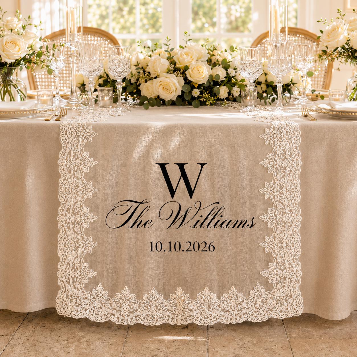 Personalized Lace Table Runner with Custom Family Name Linen Table Runner for Wedding Decor, Bridal Shower Decoration, Anniversary Gift - photo 8