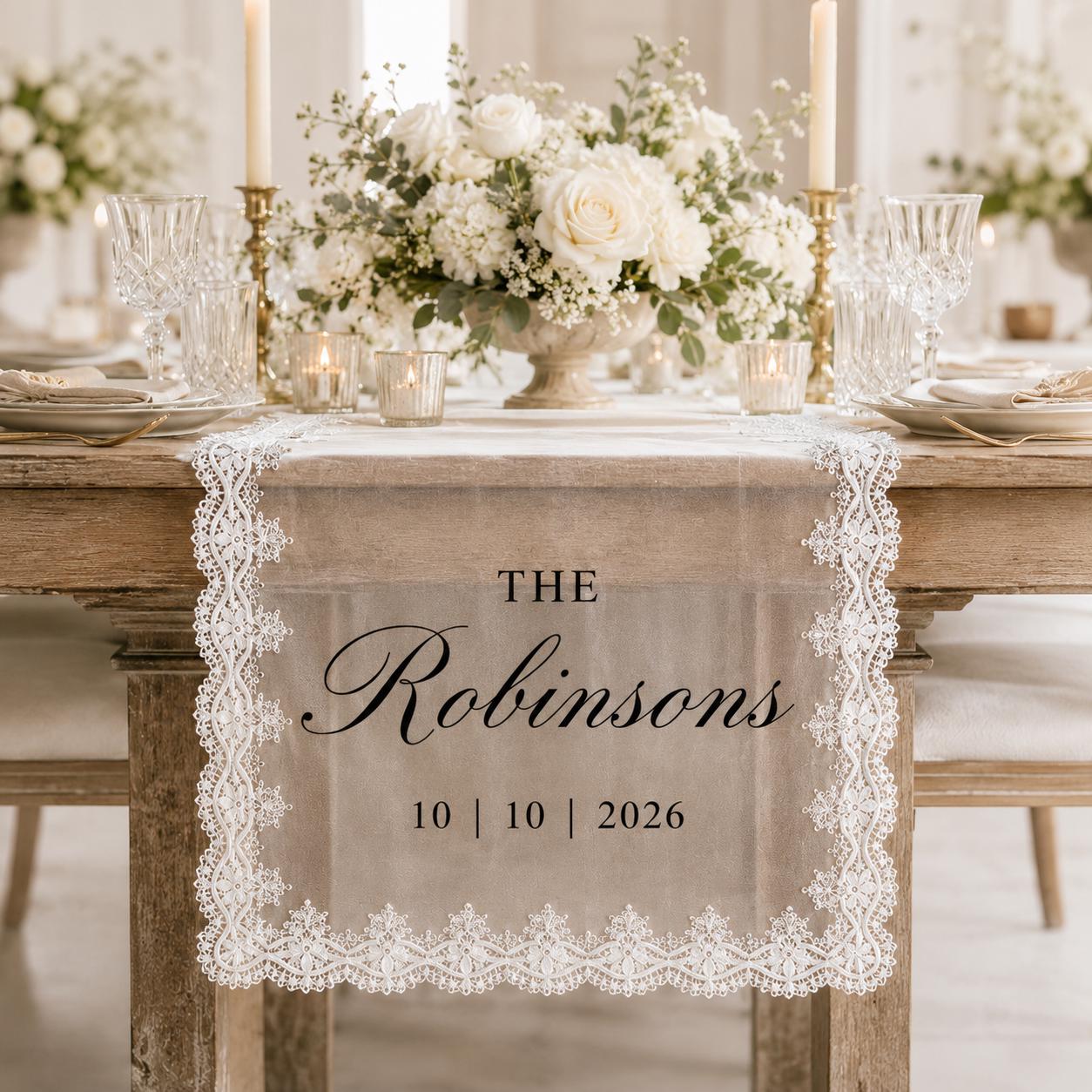 Personalized Lace Table Runner with Custom Family Name Linen Table Runner for Wedding Decor, Bridal Shower Decoration, Anniversary Gift - photo 10