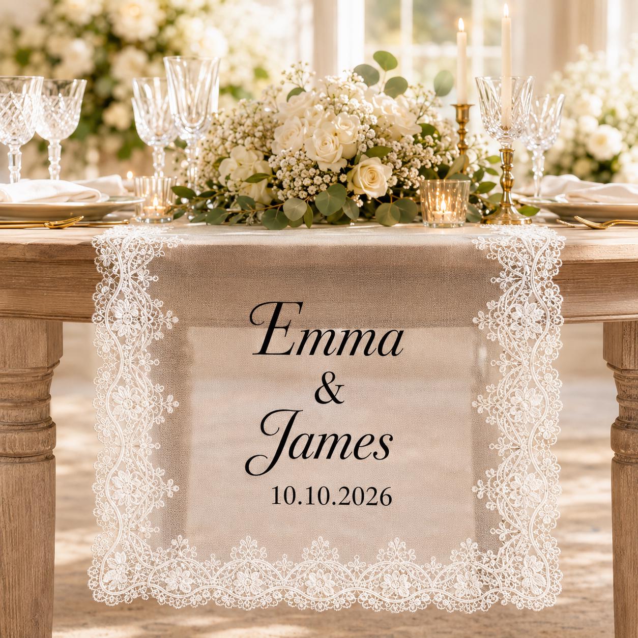 Personalized Lace Table Runner with Custom Family Name Linen Table Runner for Wedding Decor, Bridal Shower Decoration, Anniversary Gift - photo 12