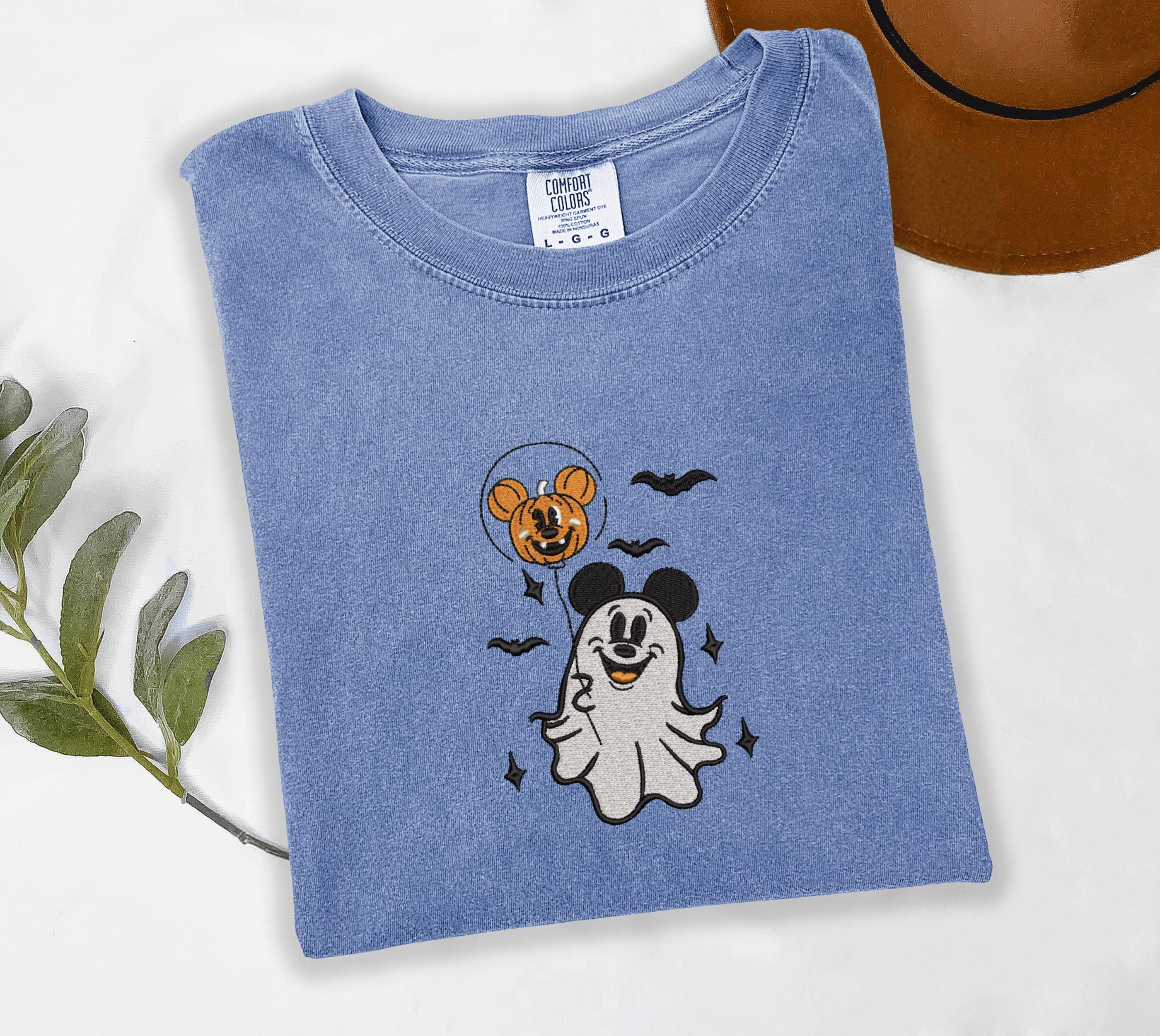Ghost Mouse Pumpkin Balloon Embroidered Shirt – Cute Halloween Disney Tee in Fall Comfort Colors and Gift Idea