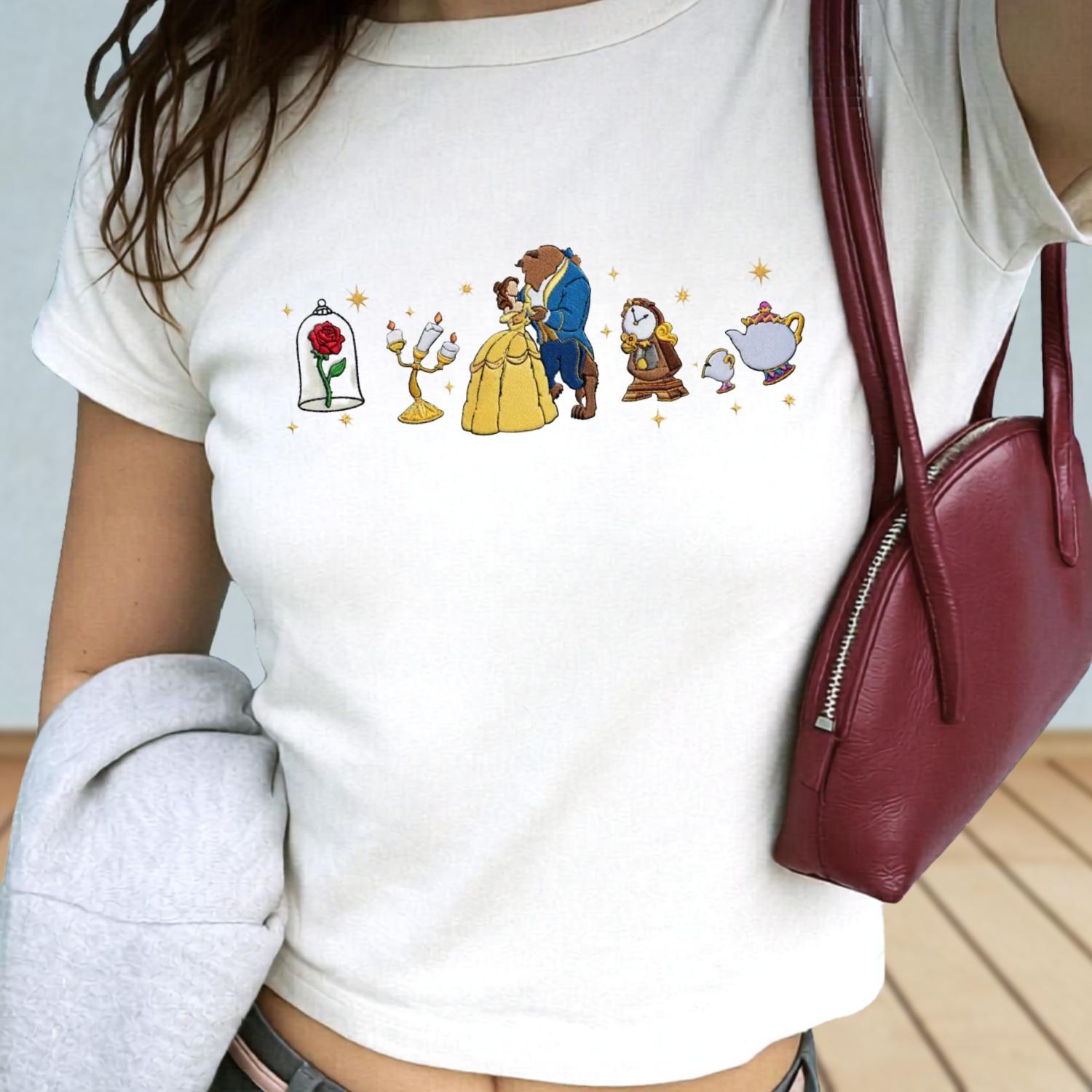 Embroidered Disney Tale As Old As Time Baby Tee – Belle Princess Beauty and the Beast Women Top Shirt