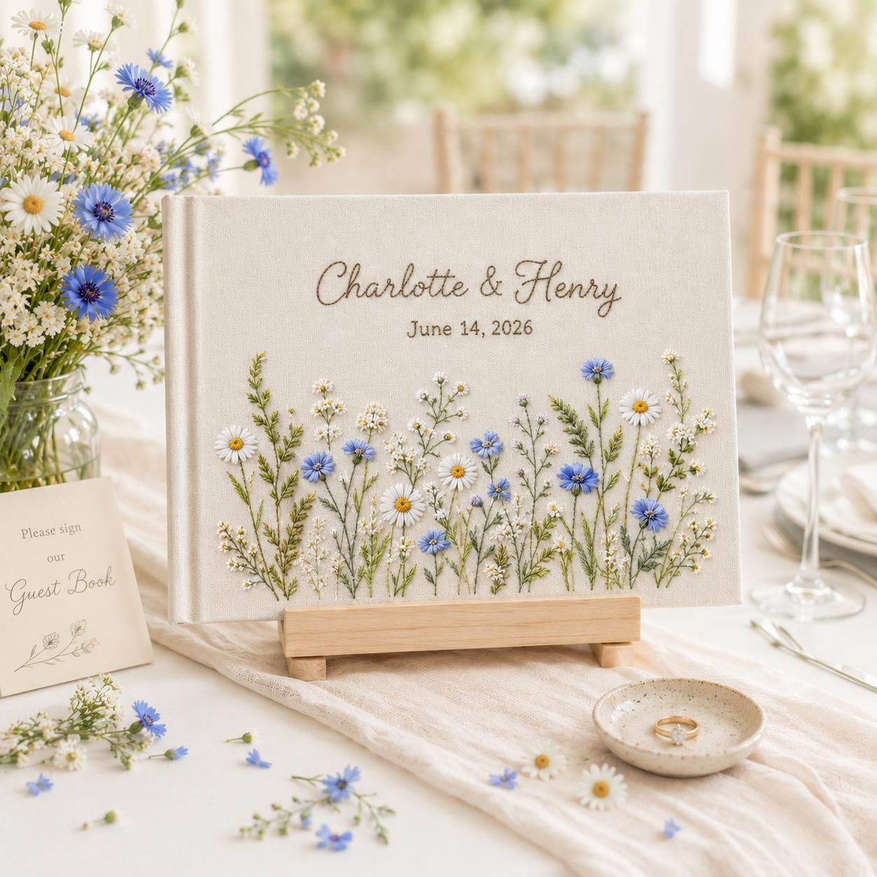 Hand Embroidered Wedding Guest Book with Personalized Linen Floral Scrapbook, Custom Wedding Memory Album, Bridal Shower Gift for Engagement Keepsake