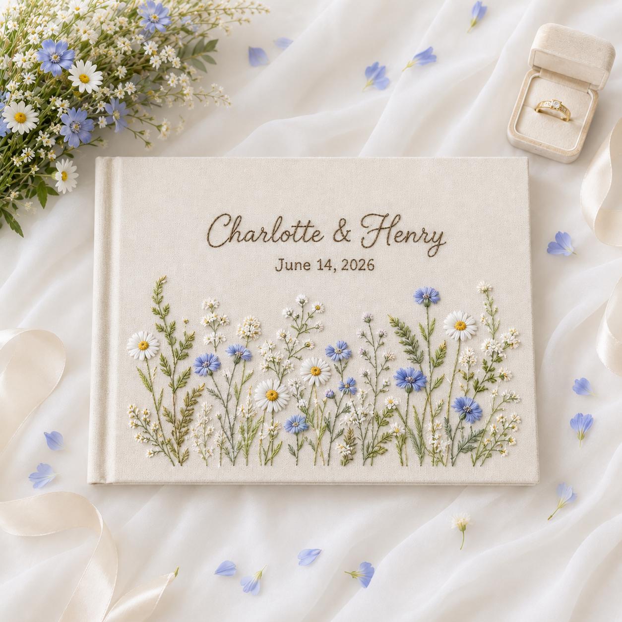 Hand Embroidered Wedding Guest Book with Personalized Linen Floral Scrapbook, Custom Wedding Memory Album, Bridal Shower Gift for Engagement Keepsake - photo 2