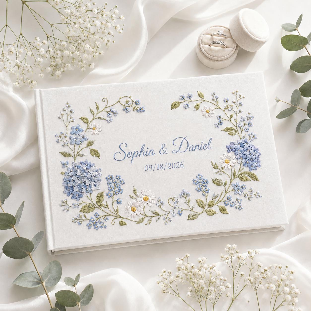 Personalized Hand Blue Hydrangea Linen Wedding Guest Book with Custom Hand Embroidered Floral Memory Book for Landscape Bridal Shower Keepsake Gift