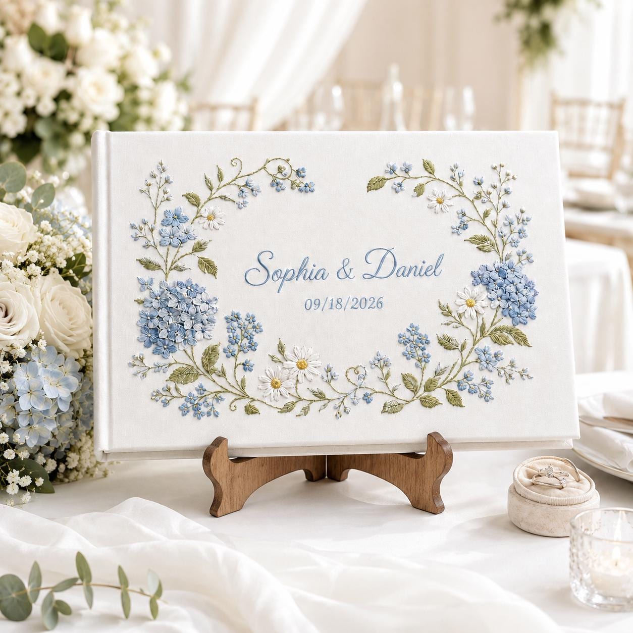 Personalized Hand Blue Hydrangea Linen Wedding Guest Book with Custom Hand Embroidered Floral Memory Book for Landscape Bridal Shower Keepsake Gift - photo 2