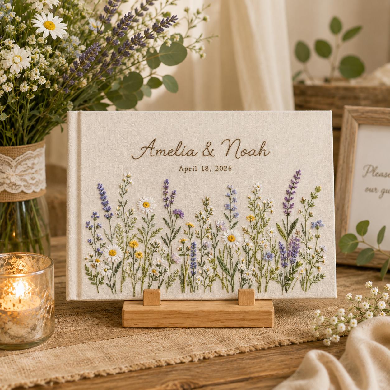 Personalized Hand Embroidered Wedding Guest Book with Custom Floral Linen Guest Book for Bride and Groom Memory Keepsake Album and Bridal Shower Gift