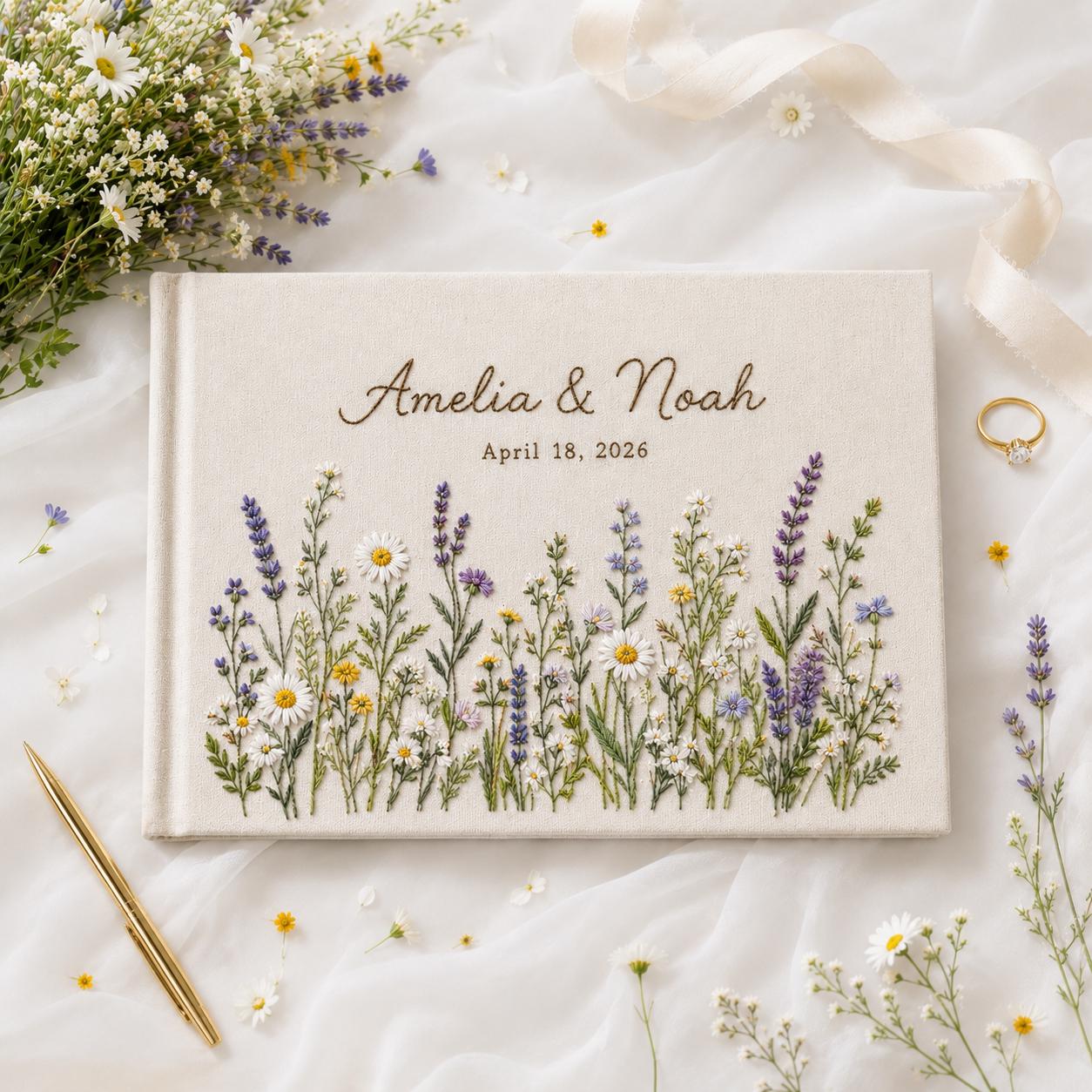 Personalized Hand Embroidered Wedding Guest Book with Custom Floral Linen Guest Book for Bride and Groom Memory Keepsake Album and Bridal Shower Gift - photo 2