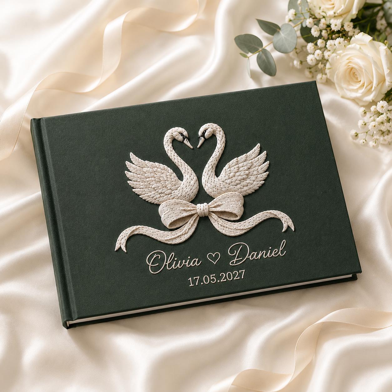 Custom Swan Hand Embroidered Linen Wedding Guest Book with Personalized Keepsake Album for Bride and Groom Memory Book and Bridal Shower Gift