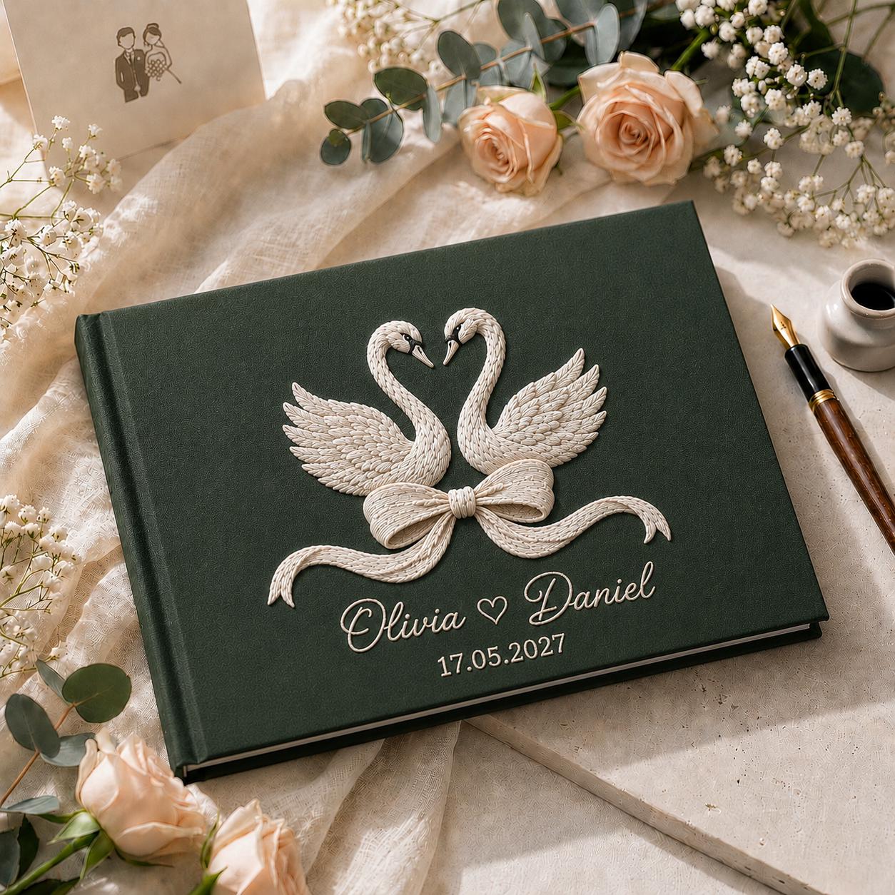 Custom Swan Hand Embroidered Linen Wedding Guest Book with Personalized Keepsake Album for Bride and Groom Memory Book and Bridal Shower Gift - photo 2