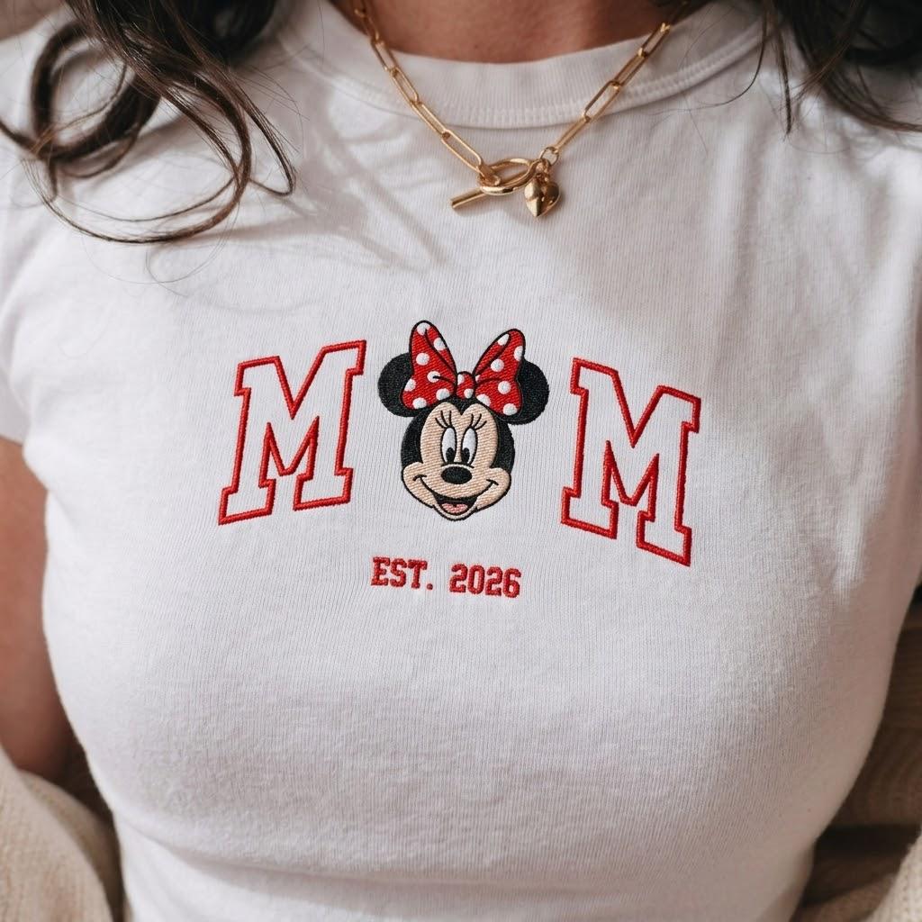 Custom Embroidered Disney Minnie Mom Baby Tee – Minnie Mama EST Crop Shirt for Vacation Outfits and Mothers Day Gifts