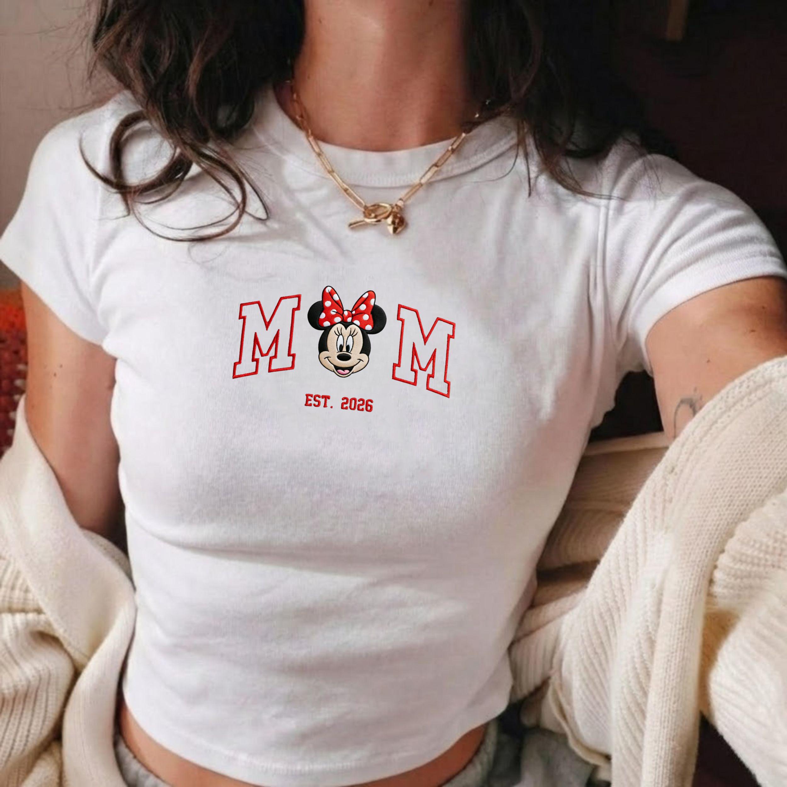 Custom Embroidered Disney Minnie Mom Baby Tee – Minnie Mama EST Crop Shirt for Vacation Outfits and Mothers Day Gifts - photo 2
