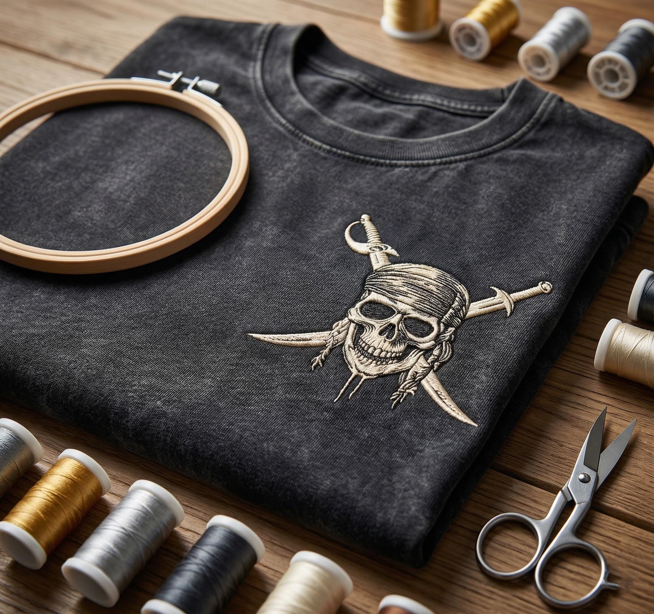 Disney Pirates of the Caribbean Embroidered Washed Tee – Pirate Skull Shirt for Retro Disneyland Vacation Park Outfits