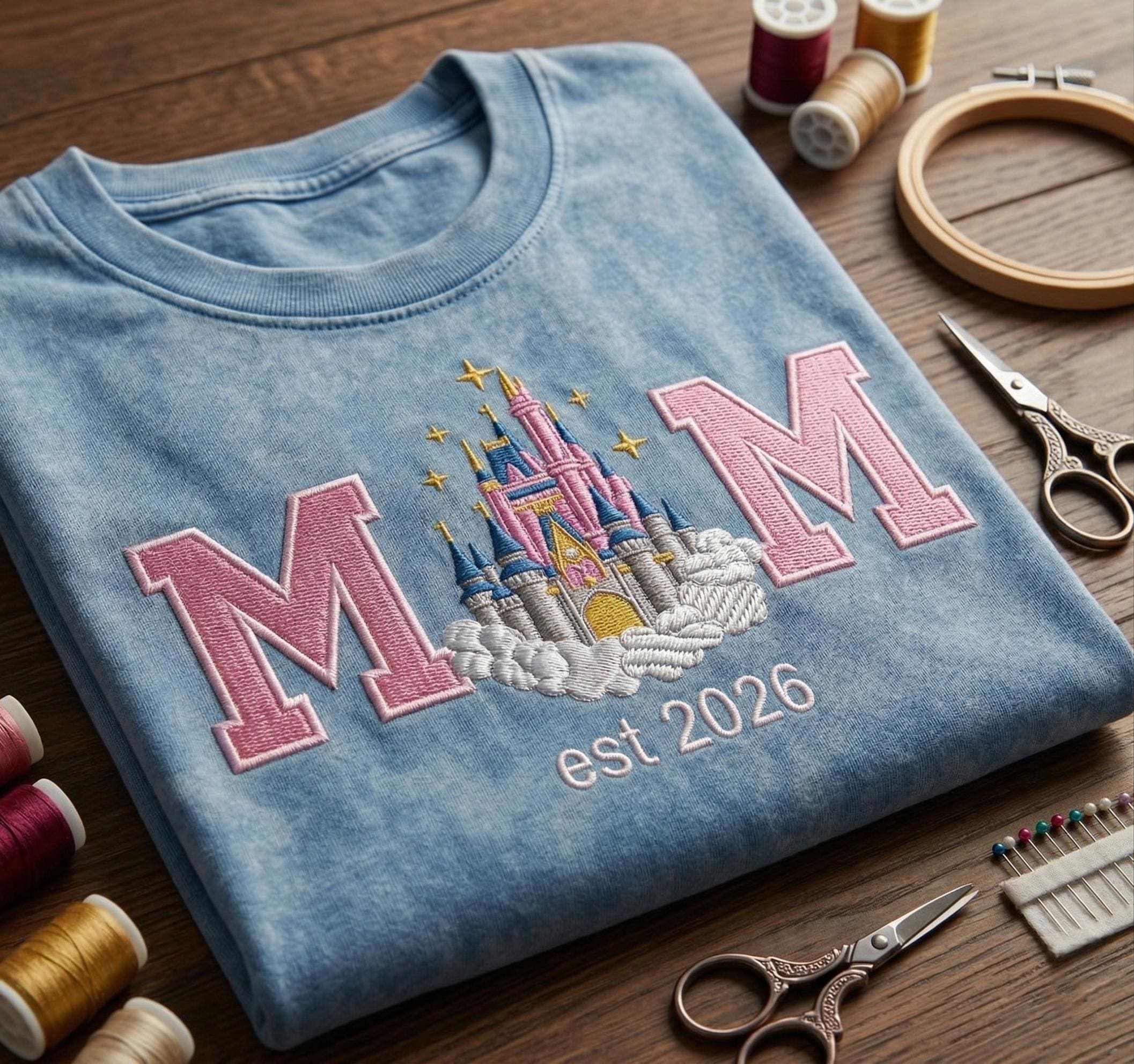 Custom Disney Mom Castle Embroidered Washed Shirt – Mothers Day Tee for Retro Disneyland Vacation Park Outfits