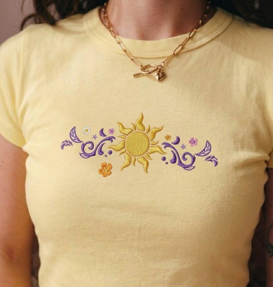 Embroidered Rapunzel Sundrop Flower Baby Tee – Disney Tangled Princess Crop Top with Fairy Tale Aesthetic for Trip Outfits
