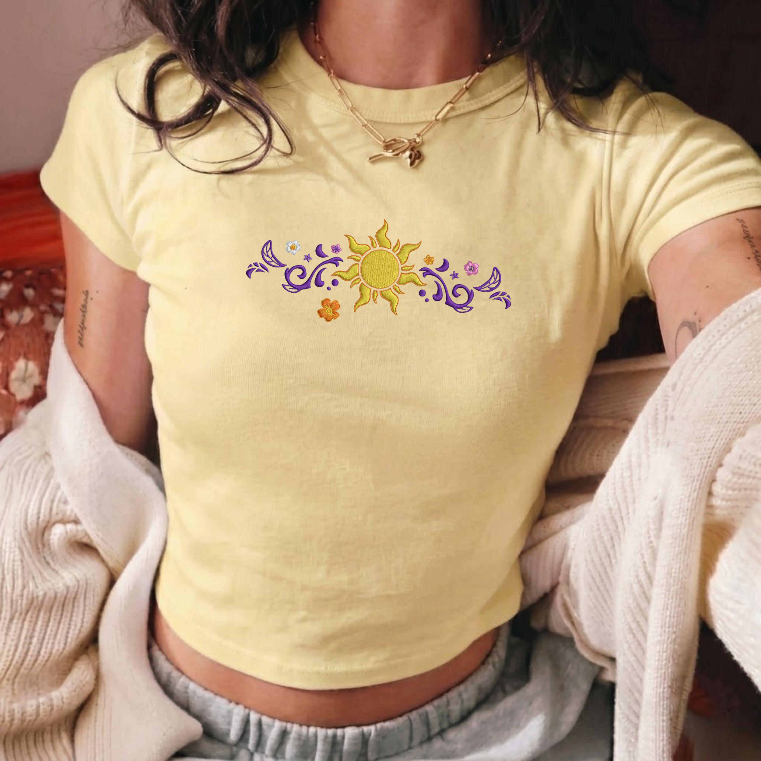 Embroidered Rapunzel Sundrop Flower Baby Tee – Disney Tangled Princess Crop Top with Fairy Tale Aesthetic for Trip Outfits - photo 2