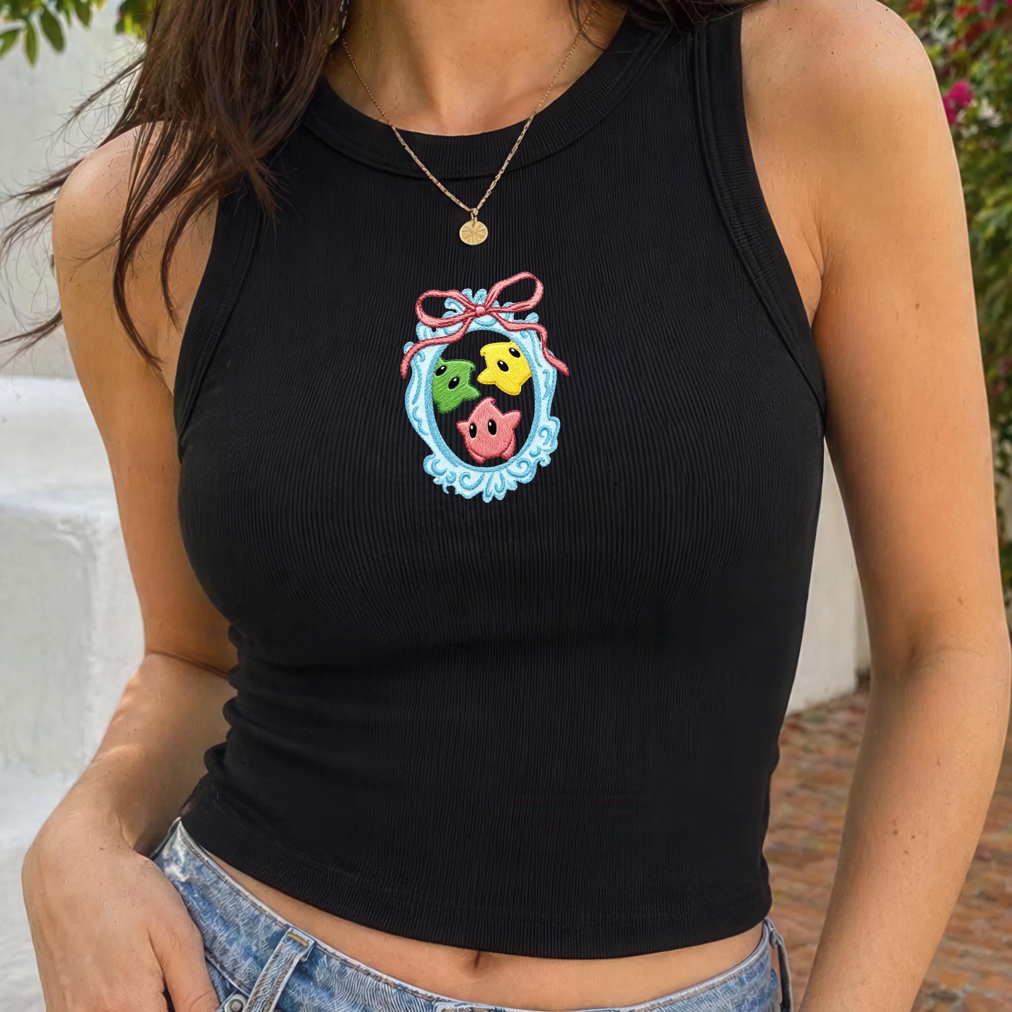 Embroidered Star Luma Ribbed Tank Top – Minimalist Mario Galaxy Crop Top For Epic Universe Girls Trip Gamer Gift