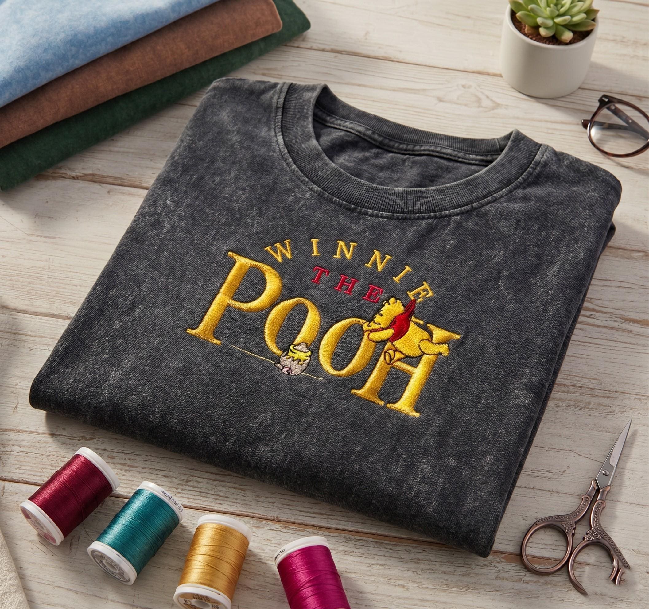 Disney Winnie the Pooh Embroidered Washed Shirt – Classic Pooh Bear T-Shirt for Retro Disneyland Vacation Park Outfits