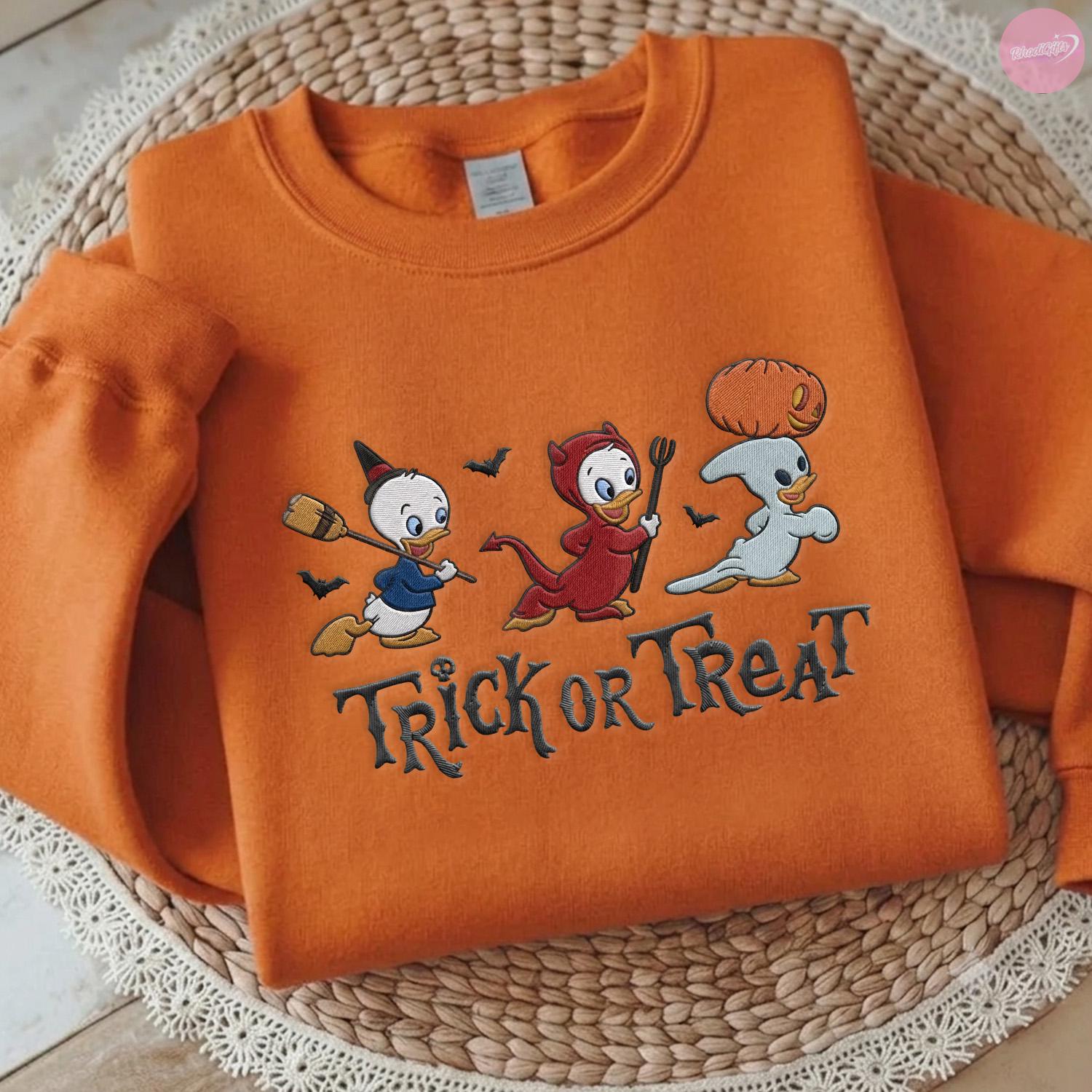 Embroidered Trick Or Treat Halloween T-Shirt Hoodie Sweatshirt with Huey Dewey and Louie – Disney Duck Spooky Season Tee