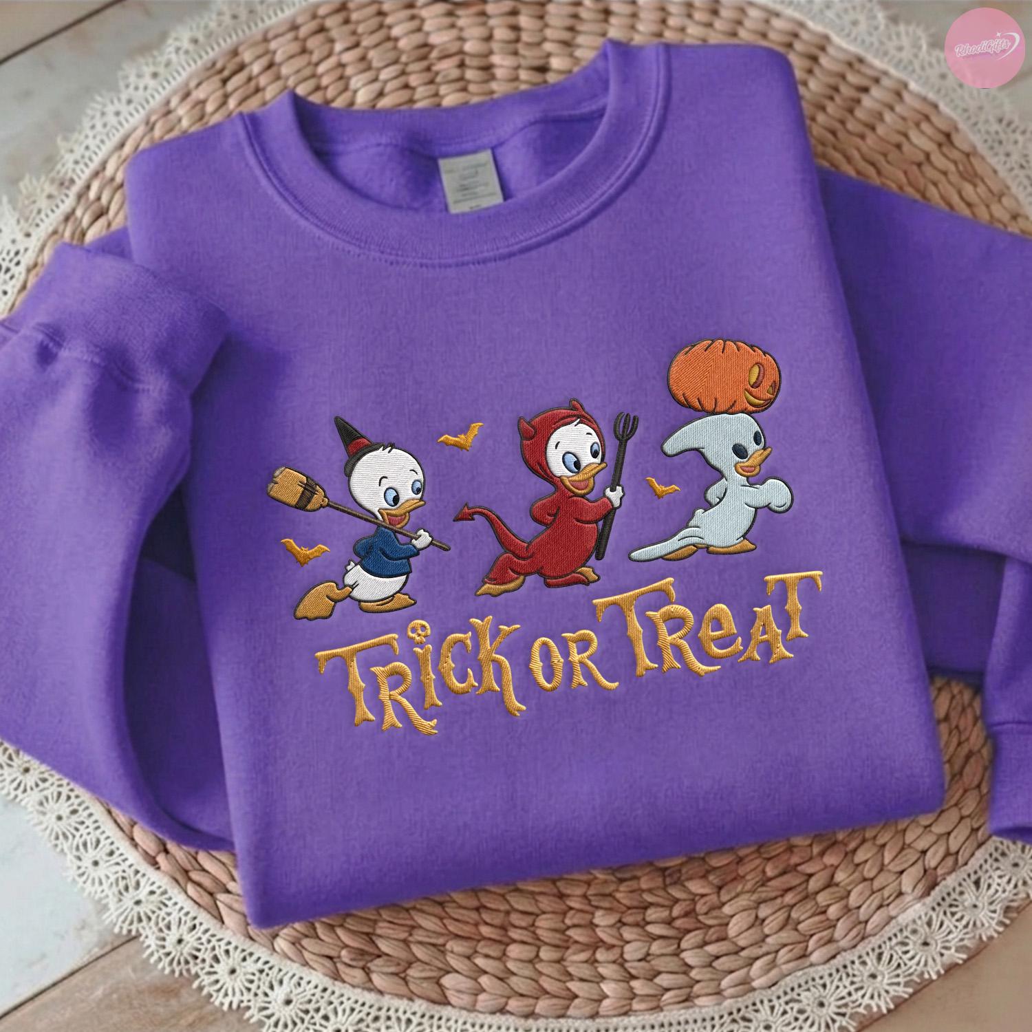 Embroidered Trick Or Treat Halloween T-Shirt Hoodie Sweatshirt with Huey Dewey and Louie – Disney Duck Spooky Season Tee - photo 2