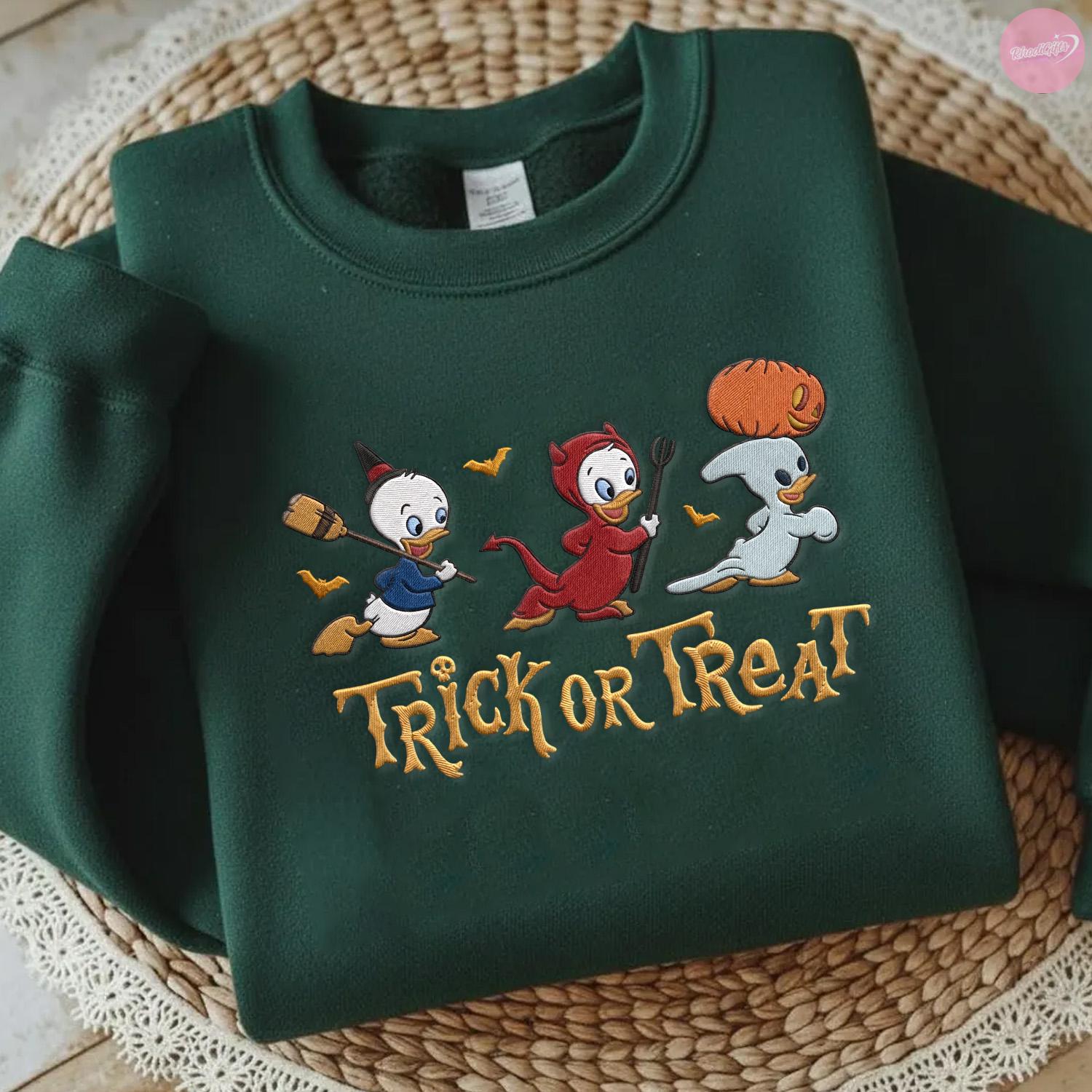 Embroidered Trick Or Treat Halloween T-Shirt Hoodie Sweatshirt with Huey Dewey and Louie – Disney Duck Spooky Season Tee - photo 3