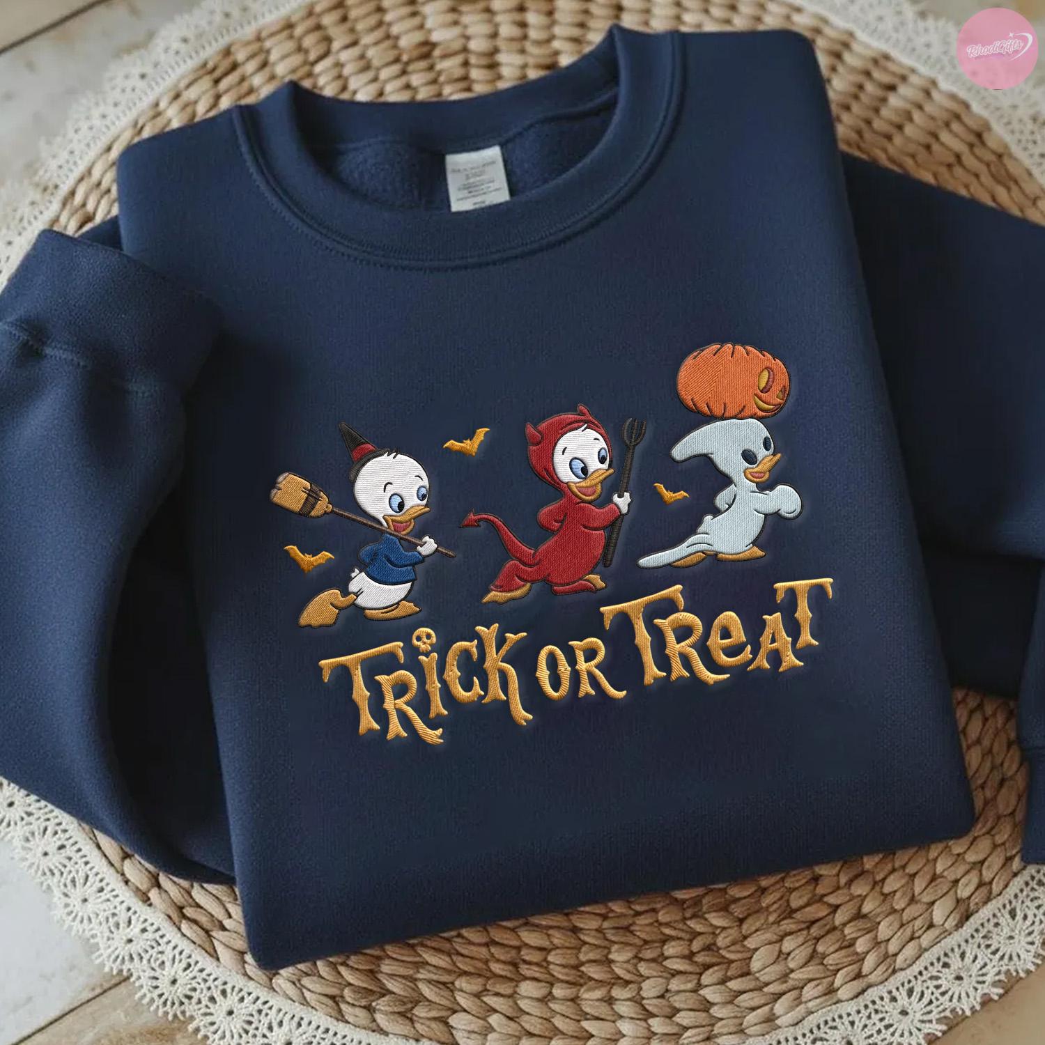 Embroidered Trick Or Treat Halloween T-Shirt Hoodie Sweatshirt with Huey Dewey and Louie – Disney Duck Spooky Season Tee - photo 4