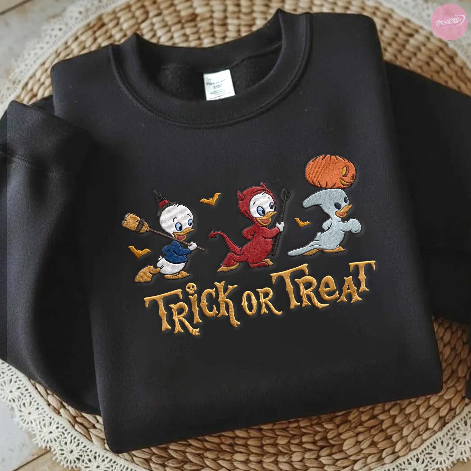 Embroidered Trick Or Treat Halloween T-Shirt Hoodie Sweatshirt with Huey Dewey and Louie – Disney Duck Spooky Season Tee - photo 5