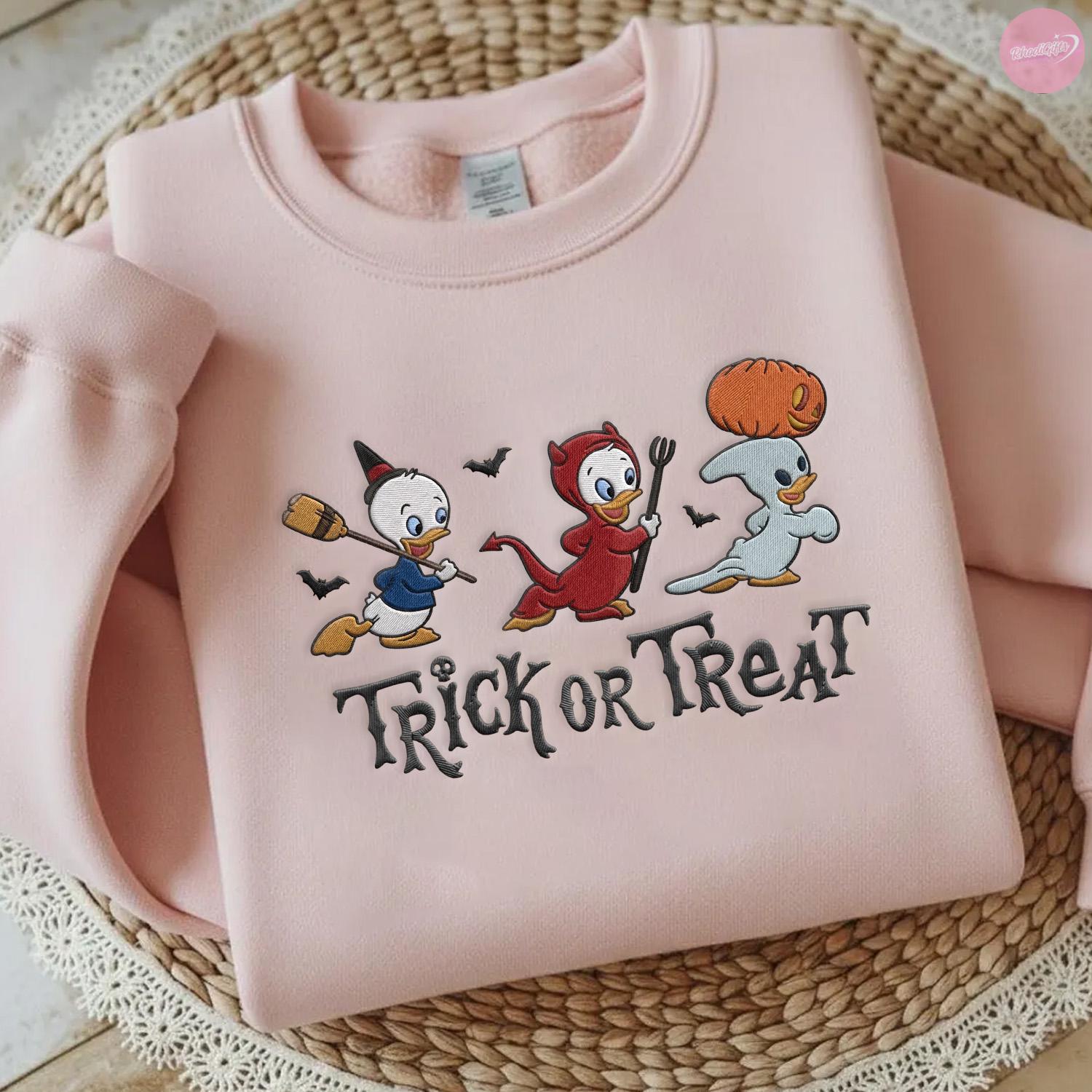 Embroidered Trick Or Treat Halloween T-Shirt Hoodie Sweatshirt with Huey Dewey and Louie – Disney Duck Spooky Season Tee - photo 6
