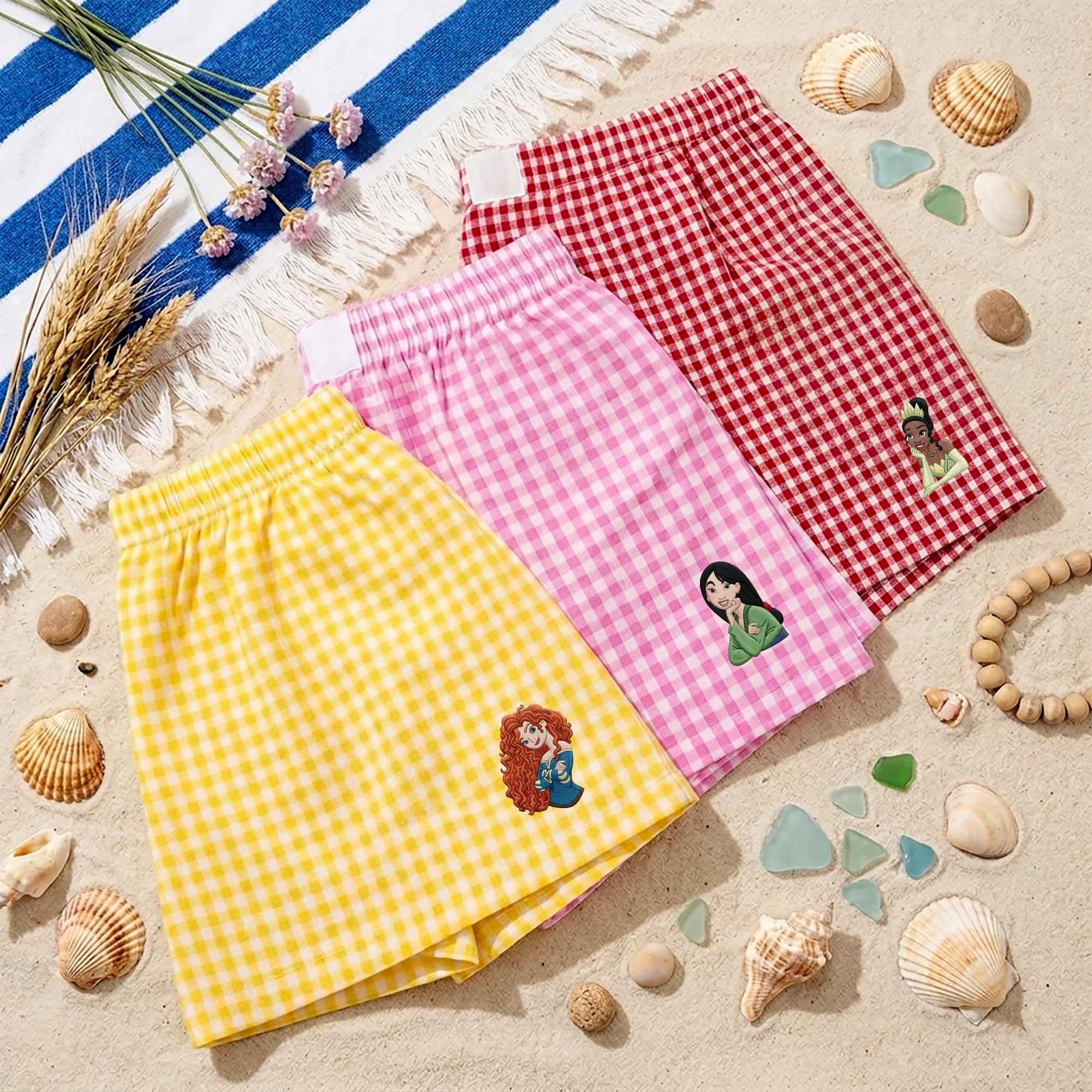 Princess Embroidered Gingham Shorts with Ariel and Belle – Vacation Apparel for Matching Group Outfits - photo 2