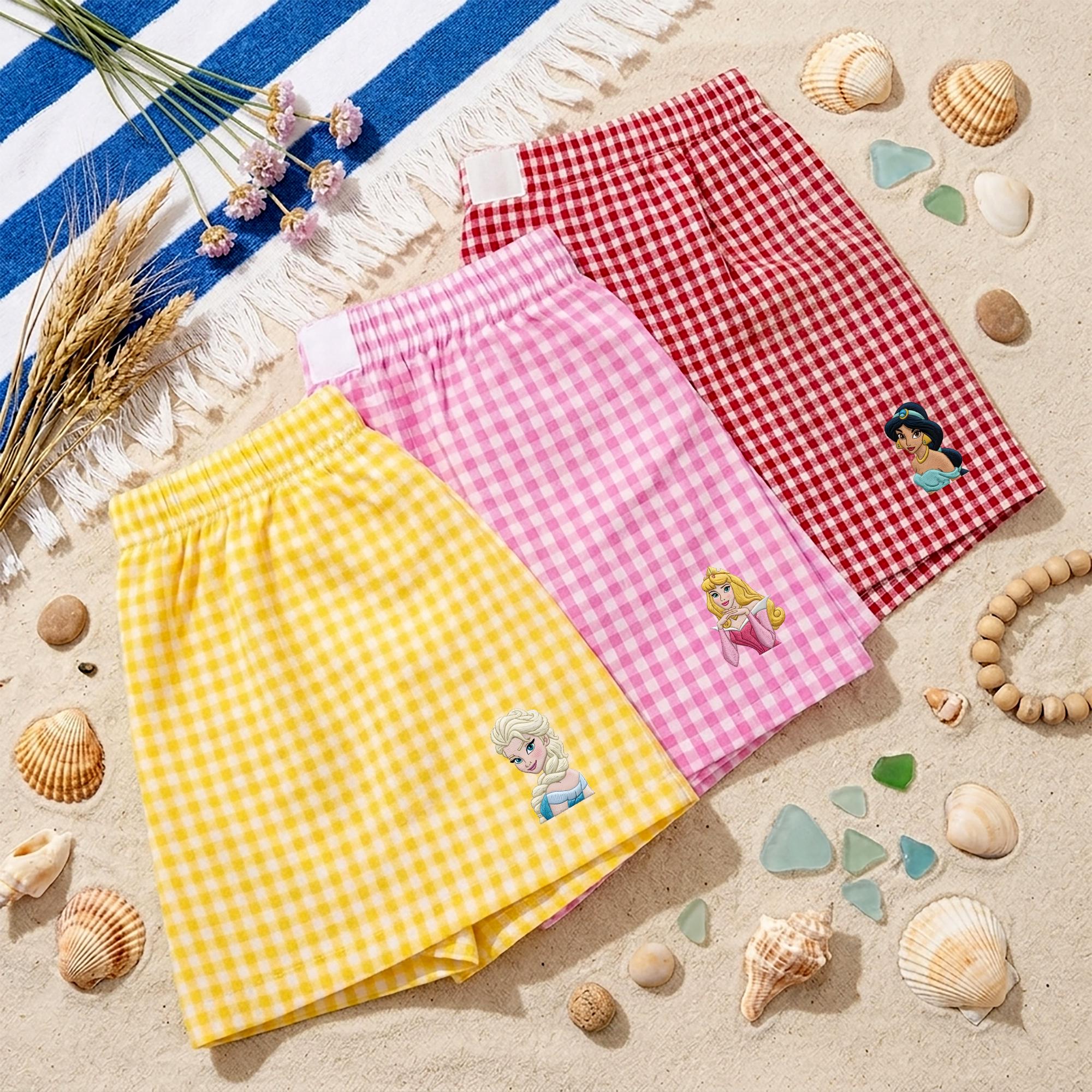 Princess Embroidered Gingham Shorts with Ariel and Belle – Vacation Apparel for Matching Group Outfits - photo 7