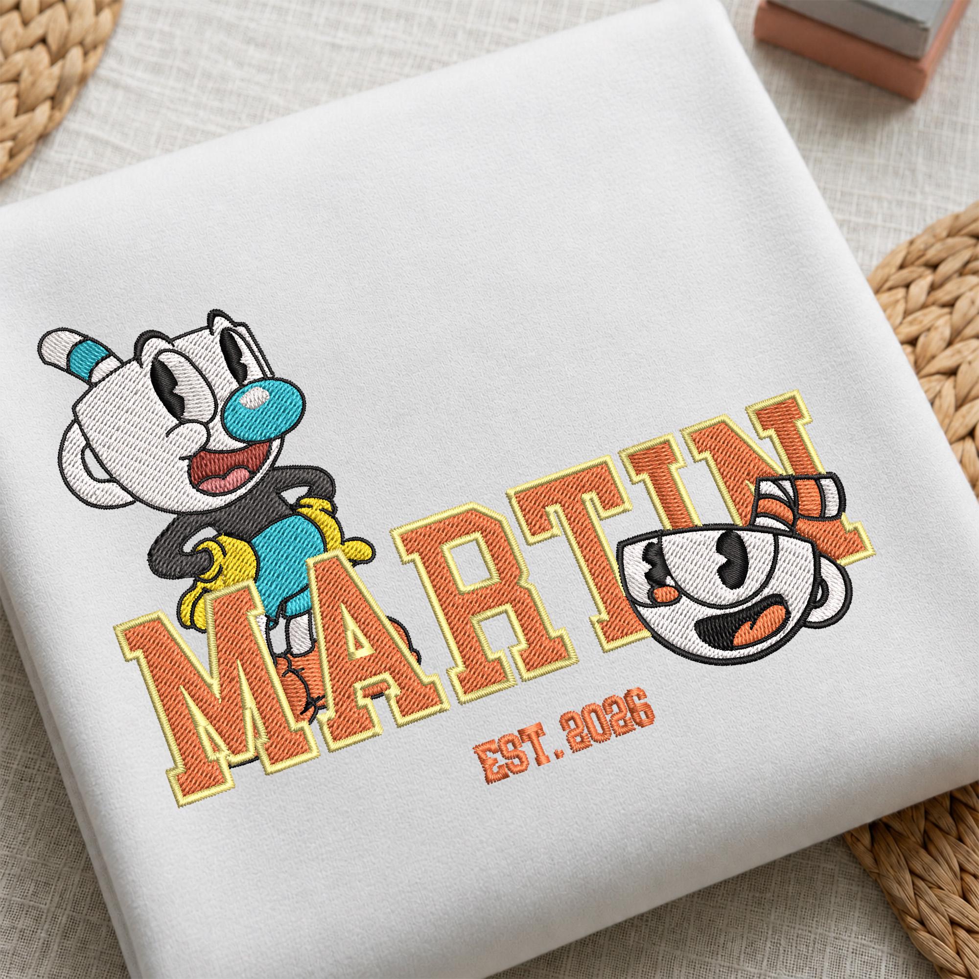 Personalized Cuphead Embroidered Sweatshirt with Custom Name and Year – 90s Cartoon Nostalgia Hoodie Sweater Gift