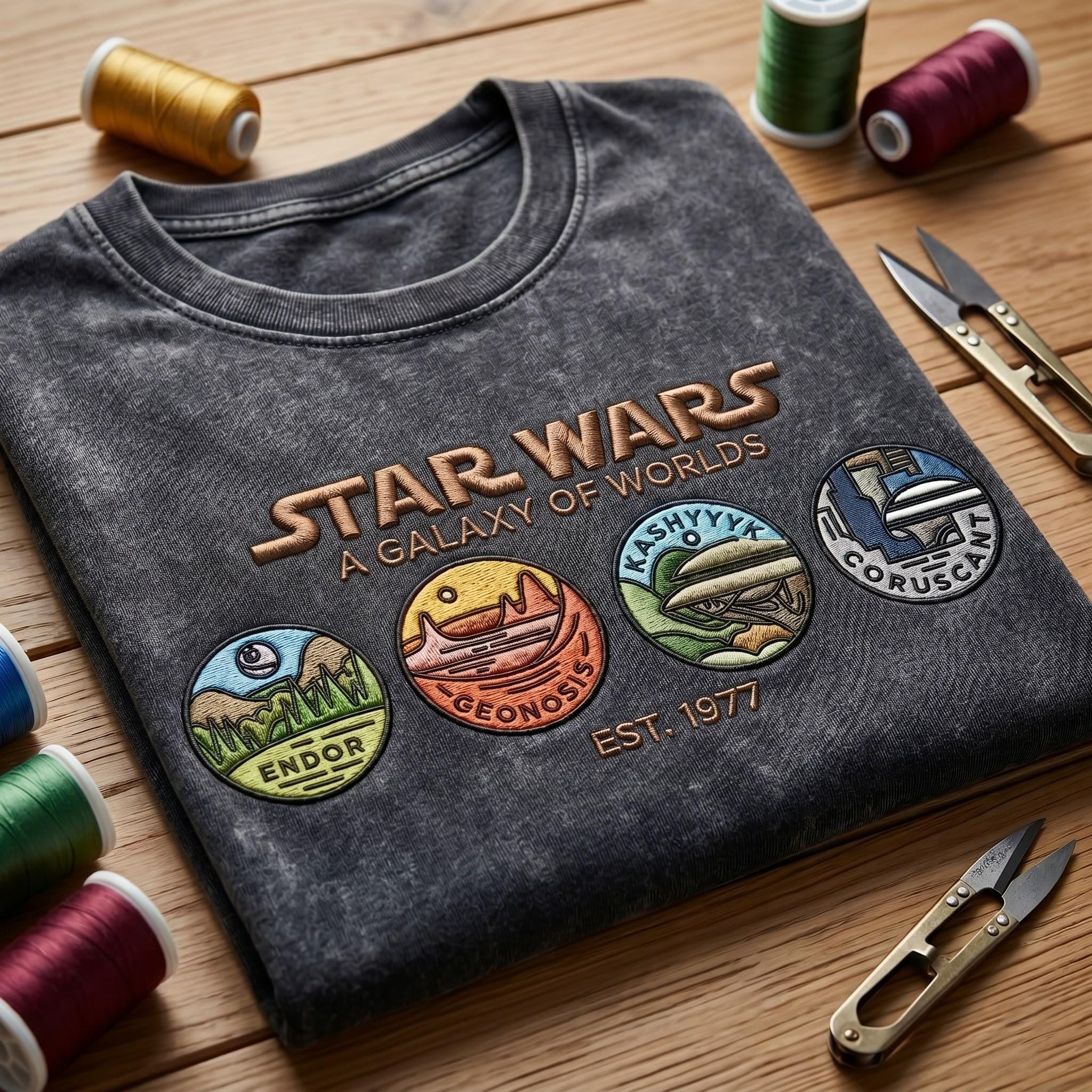 Embroidered Star Wars A Galaxy of Worlds Washed T-Shirt With Planets for Disneyland Vacation and Retro Disney Park Outfit