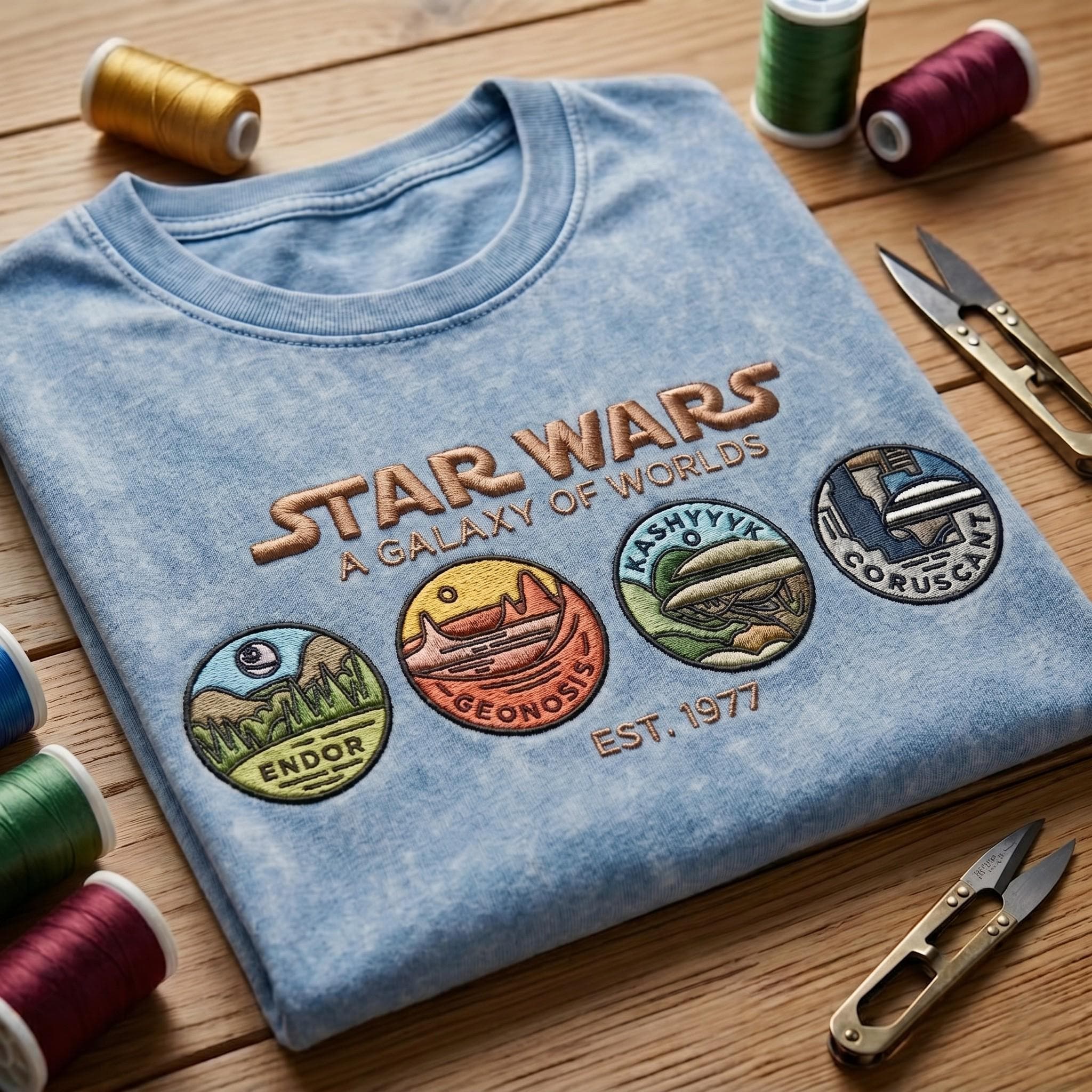 Embroidered Star Wars A Galaxy of Worlds Washed T-Shirt With Planets for Disneyland Vacation and Retro Disney Park Outfit - photo 2