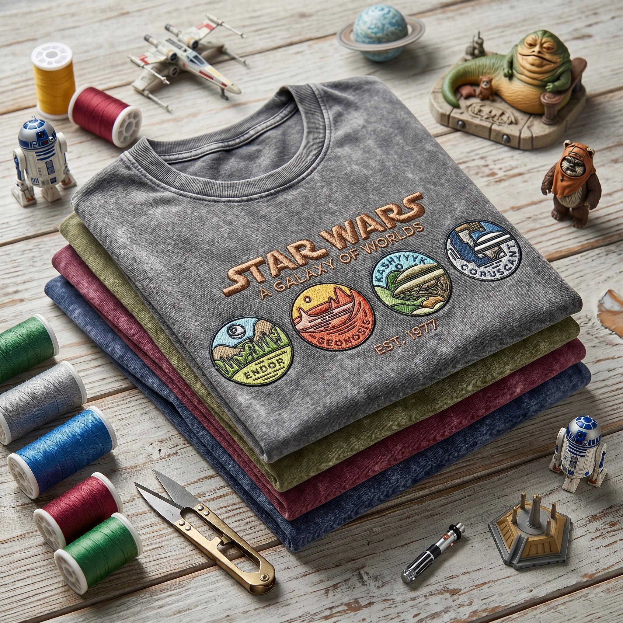 Embroidered Star Wars A Galaxy of Worlds Washed T-Shirt With Planets for Disneyland Vacation and Retro Disney Park Outfit - photo 3
