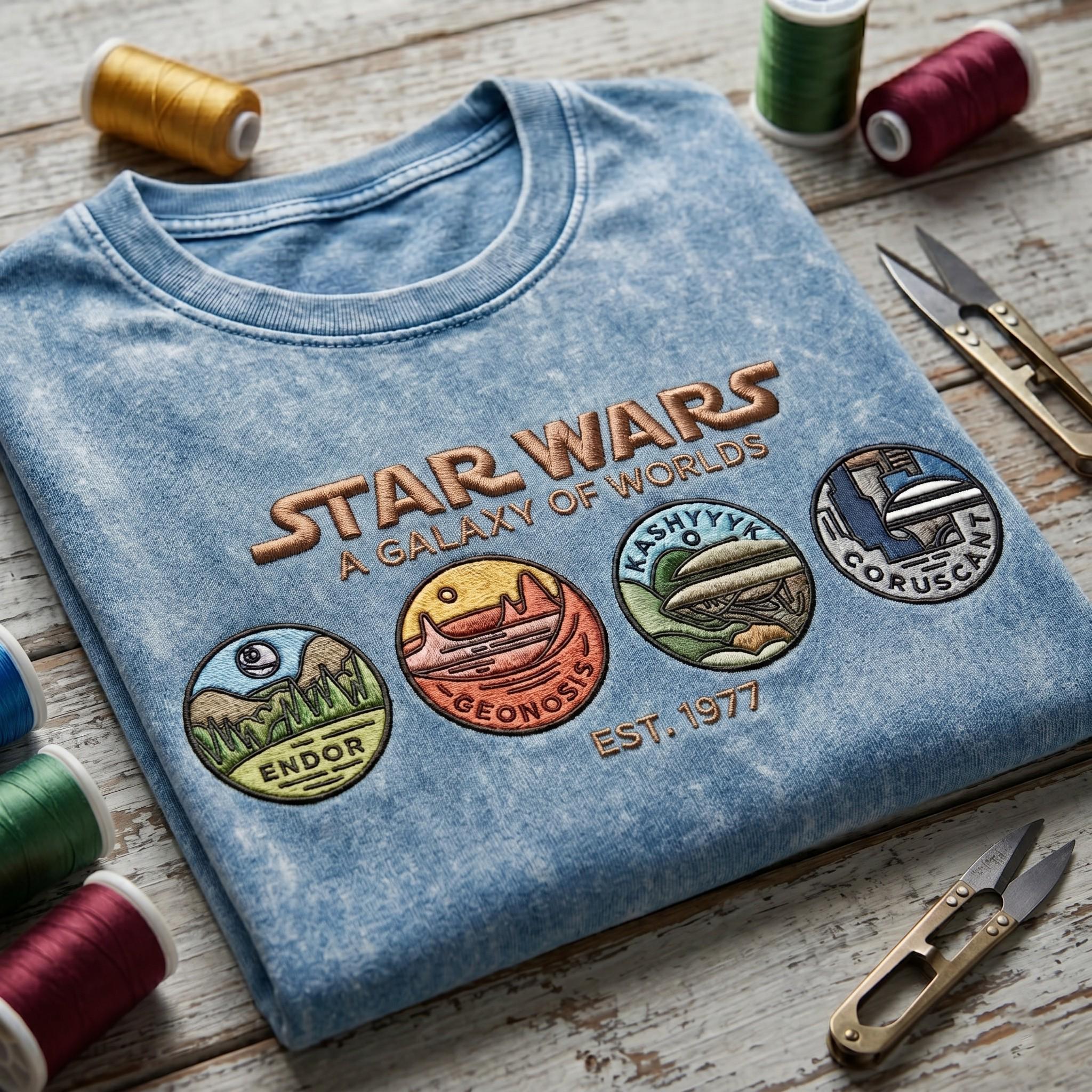 Embroidered Star Wars A Galaxy of Worlds Washed T-Shirt With Planets for Disneyland Vacation and Retro Disney Park Outfit - photo 4