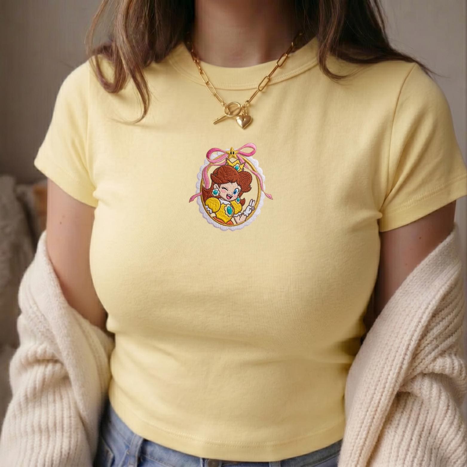 Embroidered Bow Princess Daisy Cute Character Crop Tank Top for Epic Universe Gamer Gift and Disney Girls Trip Tee Fan Apparel