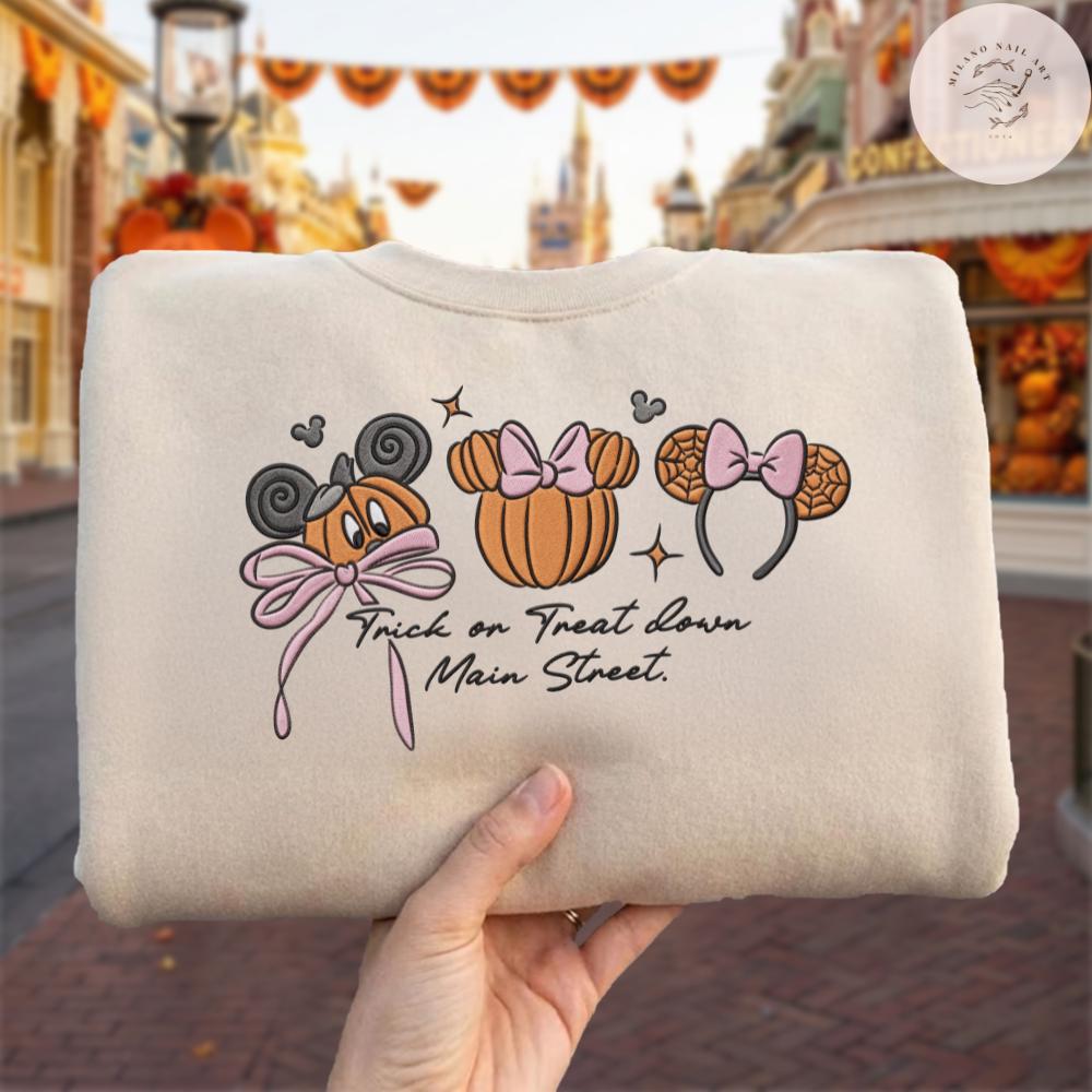 Embroidered Coquette Bow Mickey Minnie Pumpkin Disney Halloween T-Shirt Sweatshirt Hoodie for Trick or Treat Down Main Street Party