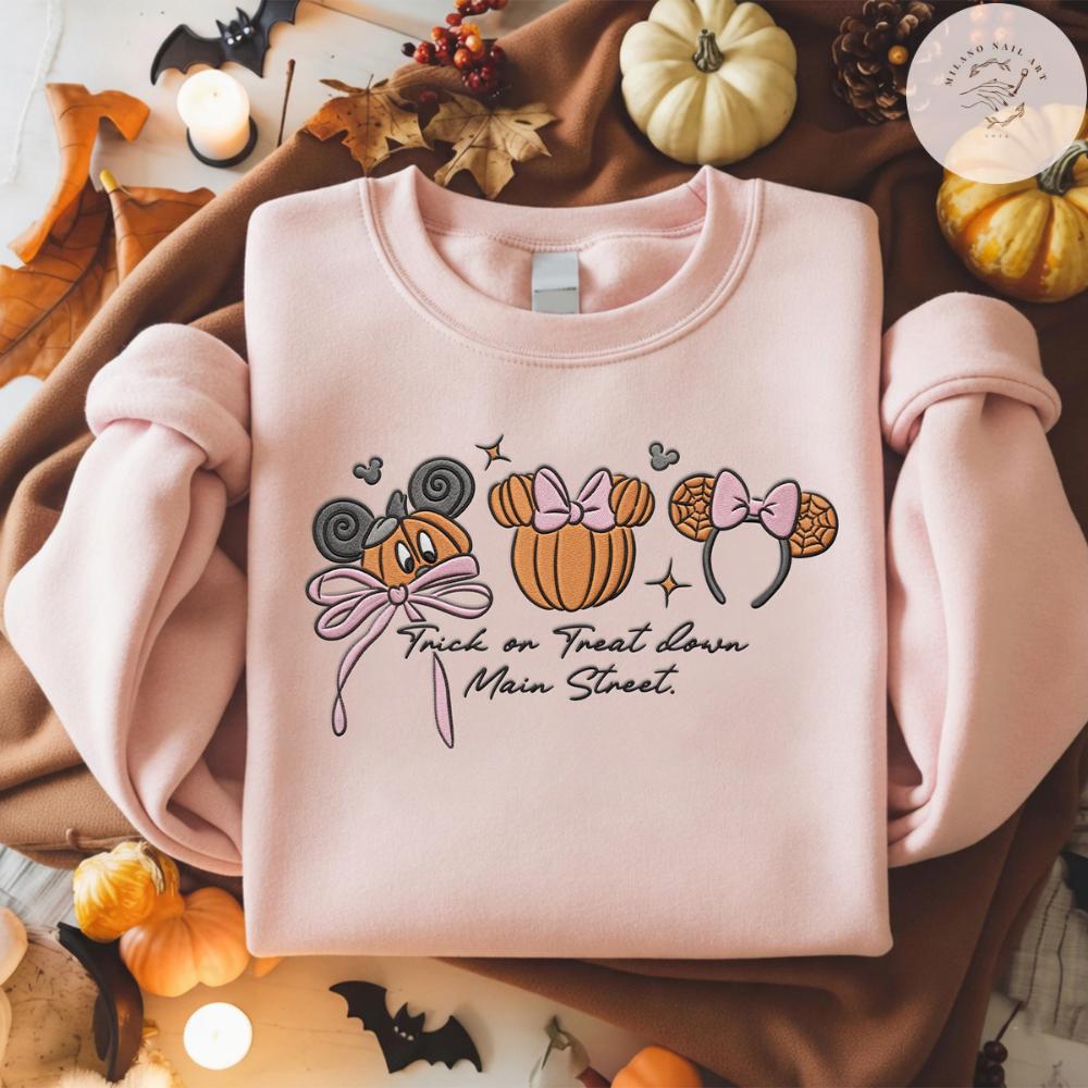 Embroidered Coquette Bow Mickey Minnie Pumpkin Disney Halloween T-Shirt Sweatshirt Hoodie for Trick or Treat Down Main Street Party - photo 2
