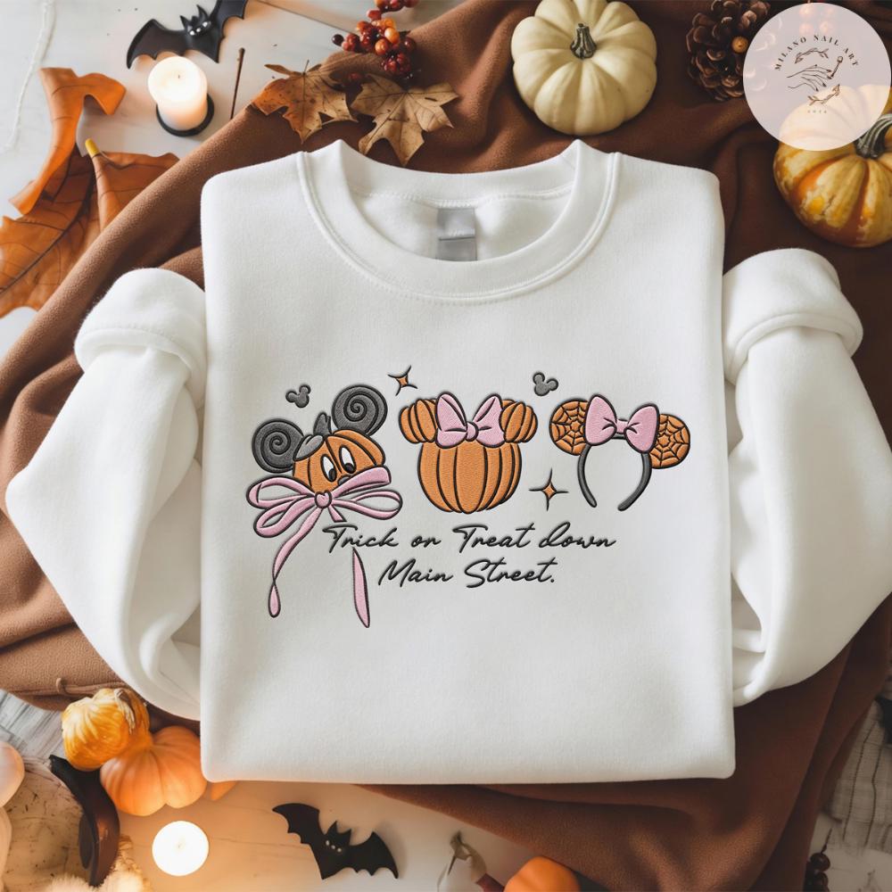 Embroidered Coquette Bow Mickey Minnie Pumpkin Disney Halloween T-Shirt Sweatshirt Hoodie for Trick or Treat Down Main Street Party - photo 3