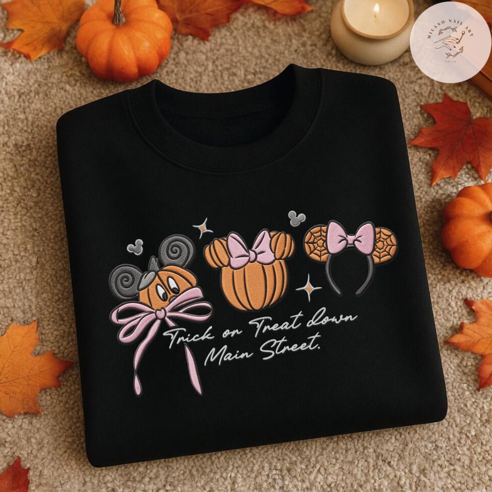Embroidered Coquette Bow Mickey Minnie Pumpkin Disney Halloween T-Shirt Sweatshirt Hoodie for Trick or Treat Down Main Street Party - photo 6