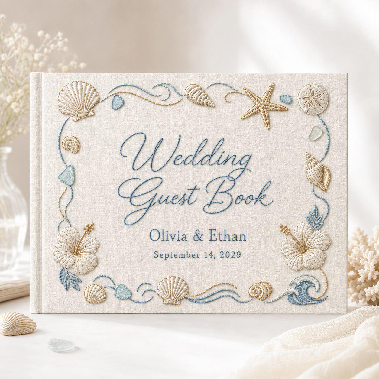 Personalized Hand-Embroidered Beach Wedding Guest Book – Custom Coastal Photo Album And Family Memory Anniversary Keepsake Guestbook