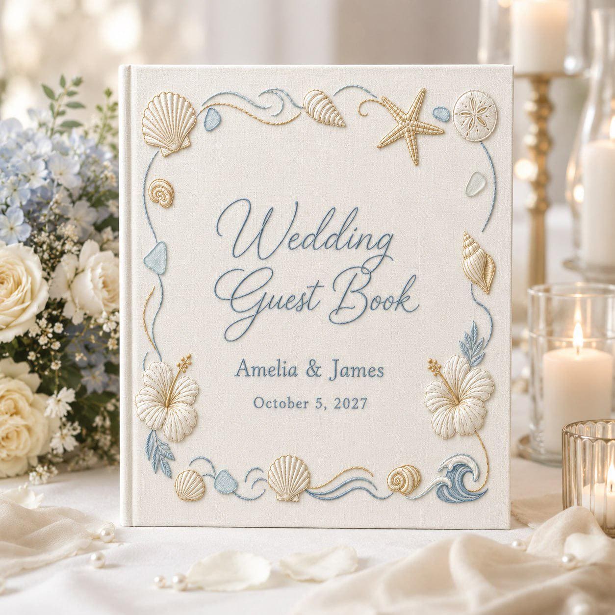 Personalized Hand-Embroidered Beach Wedding Guest Book – Custom Coastal Photo Album And Family Memory Anniversary Keepsake Guestbook - photo 2