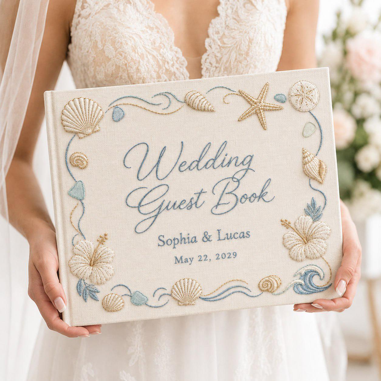 Personalized Hand-Embroidered Beach Wedding Guest Book – Custom Coastal Photo Album And Family Memory Anniversary Keepsake Guestbook - photo 7