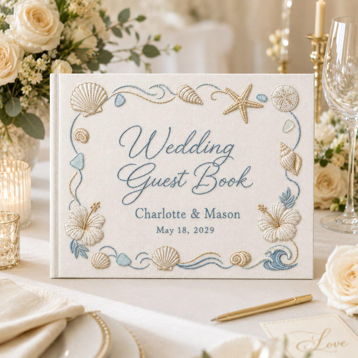 Personalized Hand-Embroidered Beach Wedding Guest Book – Custom Coastal Photo Album And Family Memory Anniversary Keepsake Guestbook - photo 8