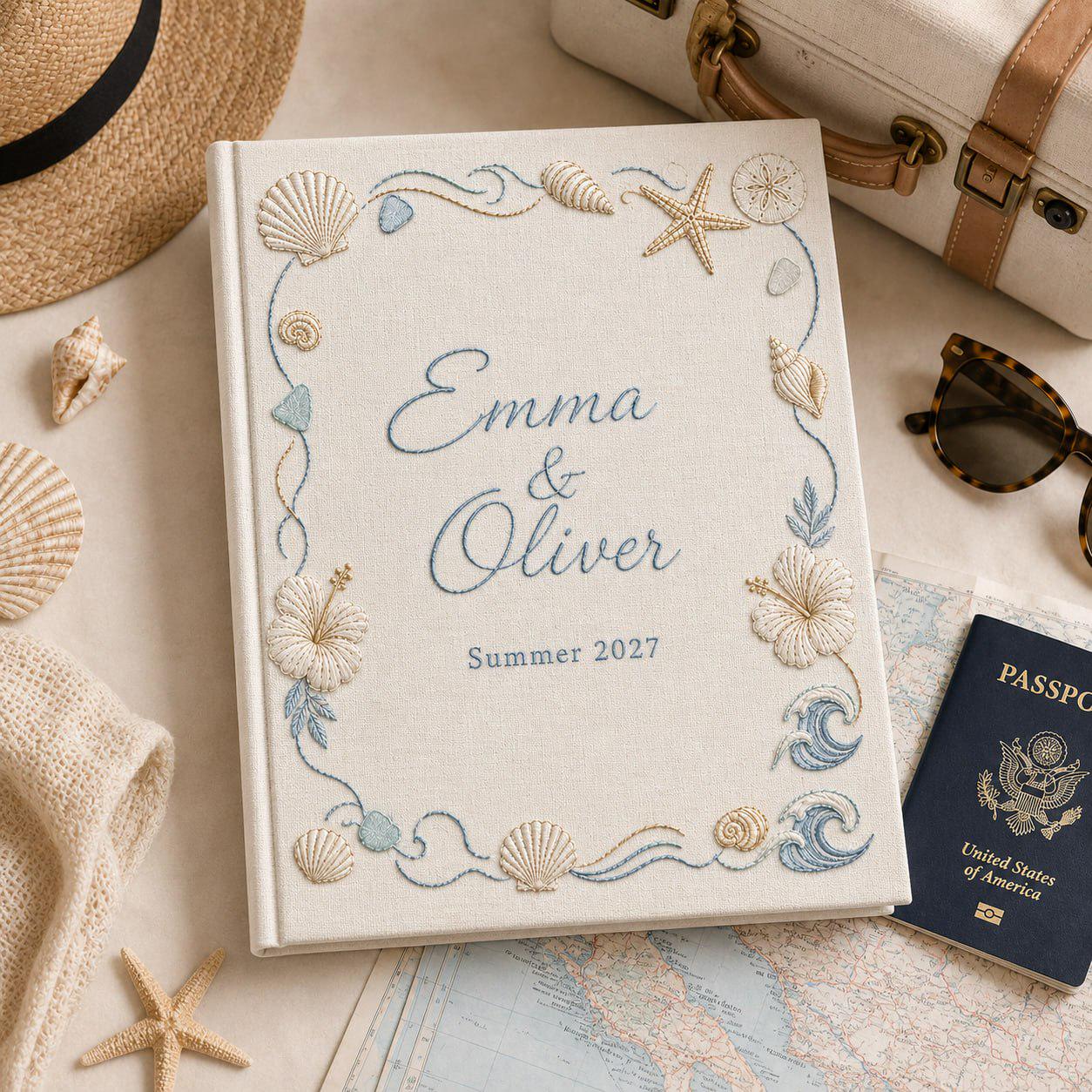 Personalized Hand-Embroidered Beach Wedding Guest Book – Custom Coastal Photo Album And Family Memory Anniversary Keepsake Guestbook - photo 9