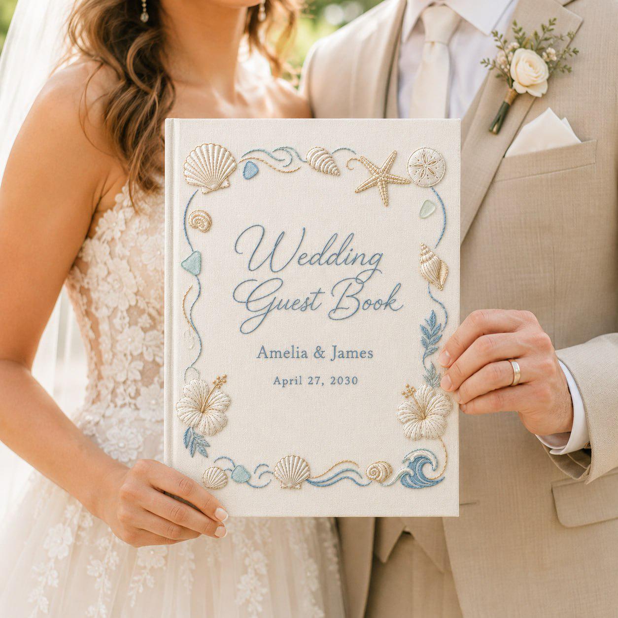 Personalized Hand-Embroidered Beach Wedding Guest Book – Custom Coastal Photo Album And Family Memory Anniversary Keepsake Guestbook - photo 10