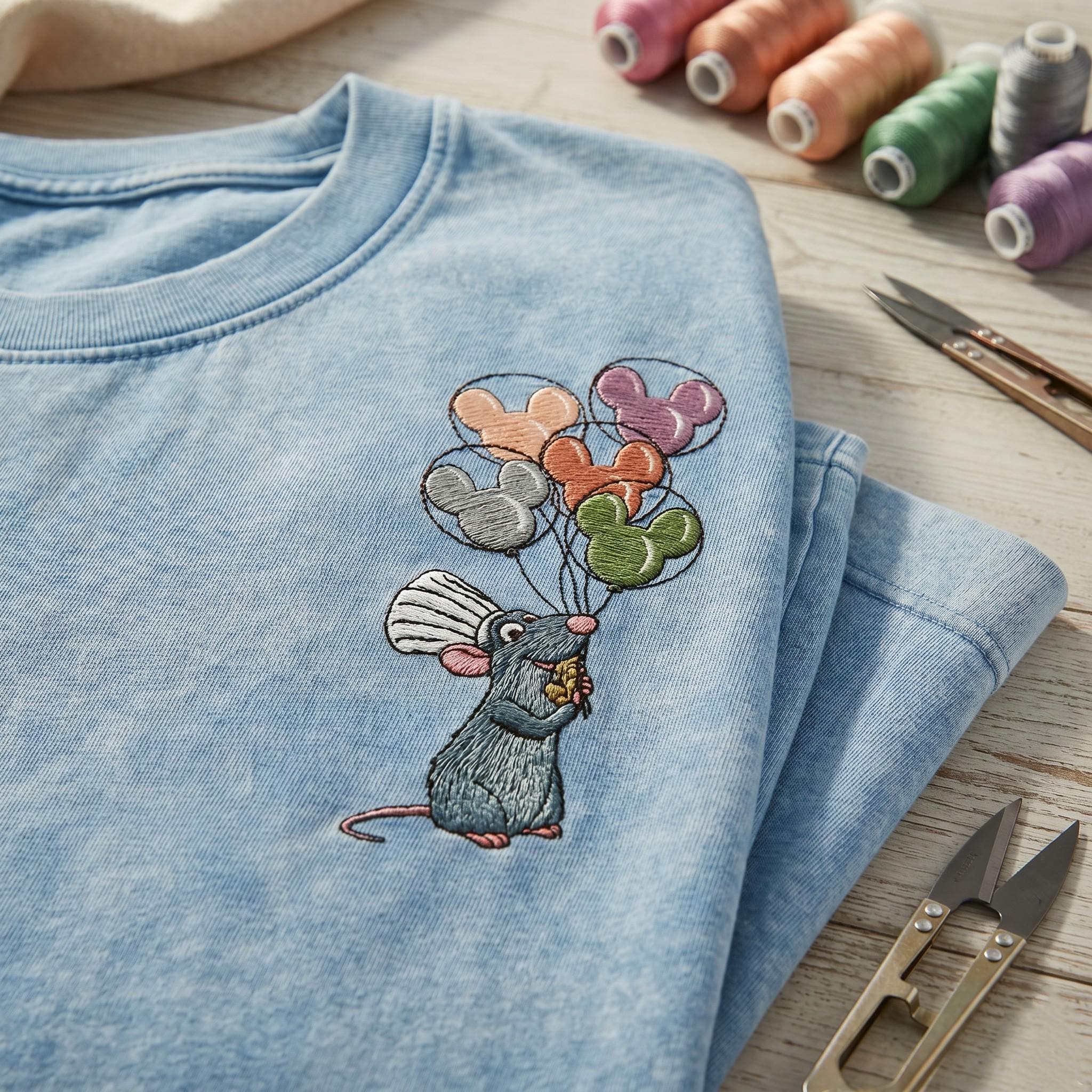 Embroidered Remy Ratatouille Chef Mouse With Mickey Balloons Washed T-Shirt for Disneyland Vacation and Retro Disney Park Outfit