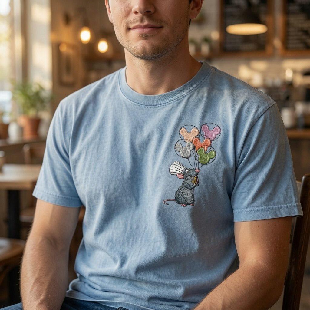 Embroidered Remy Ratatouille Chef Mouse With Mickey Balloons Washed T-Shirt for Disneyland Vacation and Retro Disney Park Outfit - photo 2