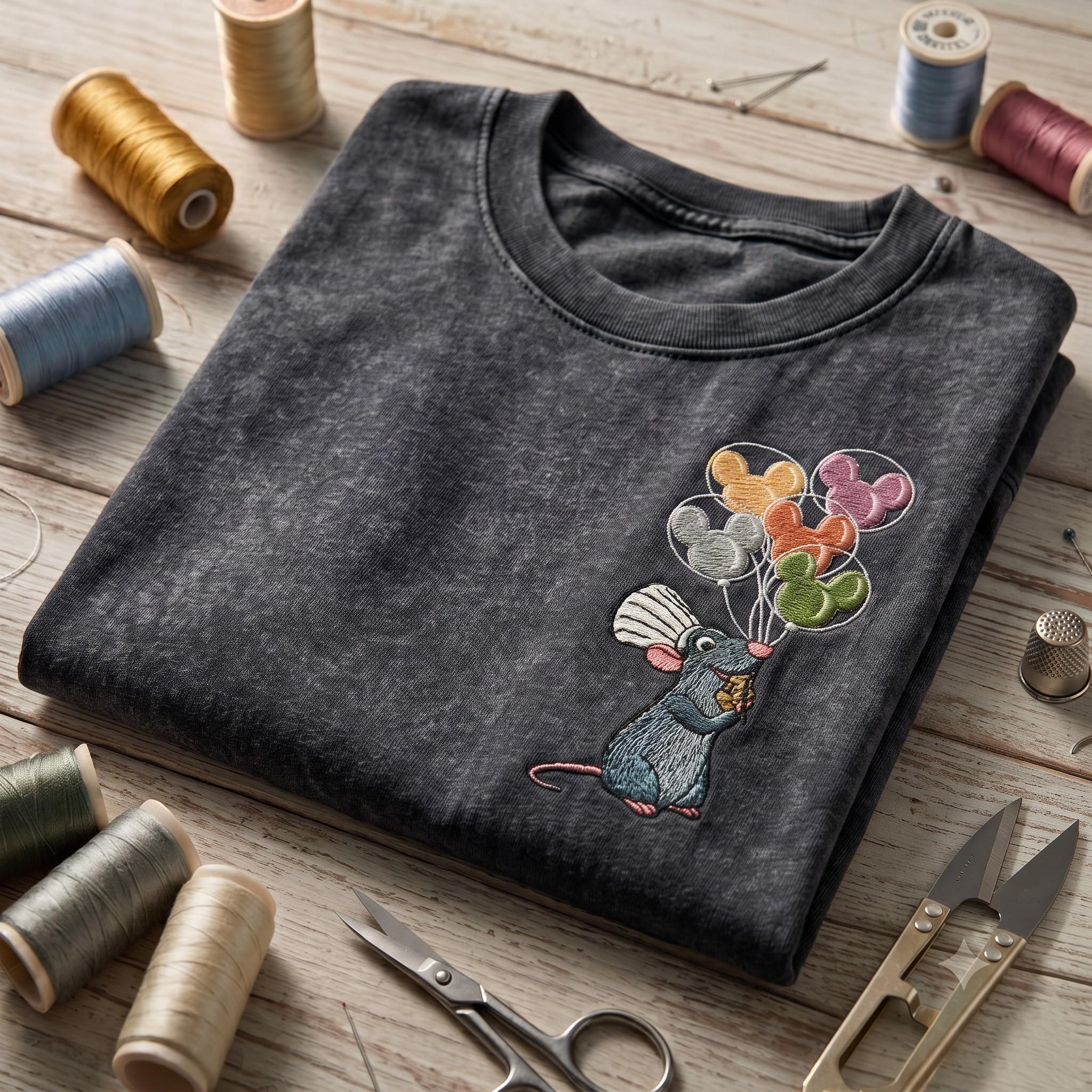 Embroidered Remy Ratatouille Chef Mouse With Mickey Balloons Washed T-Shirt for Disneyland Vacation and Retro Disney Park Outfit - photo 3