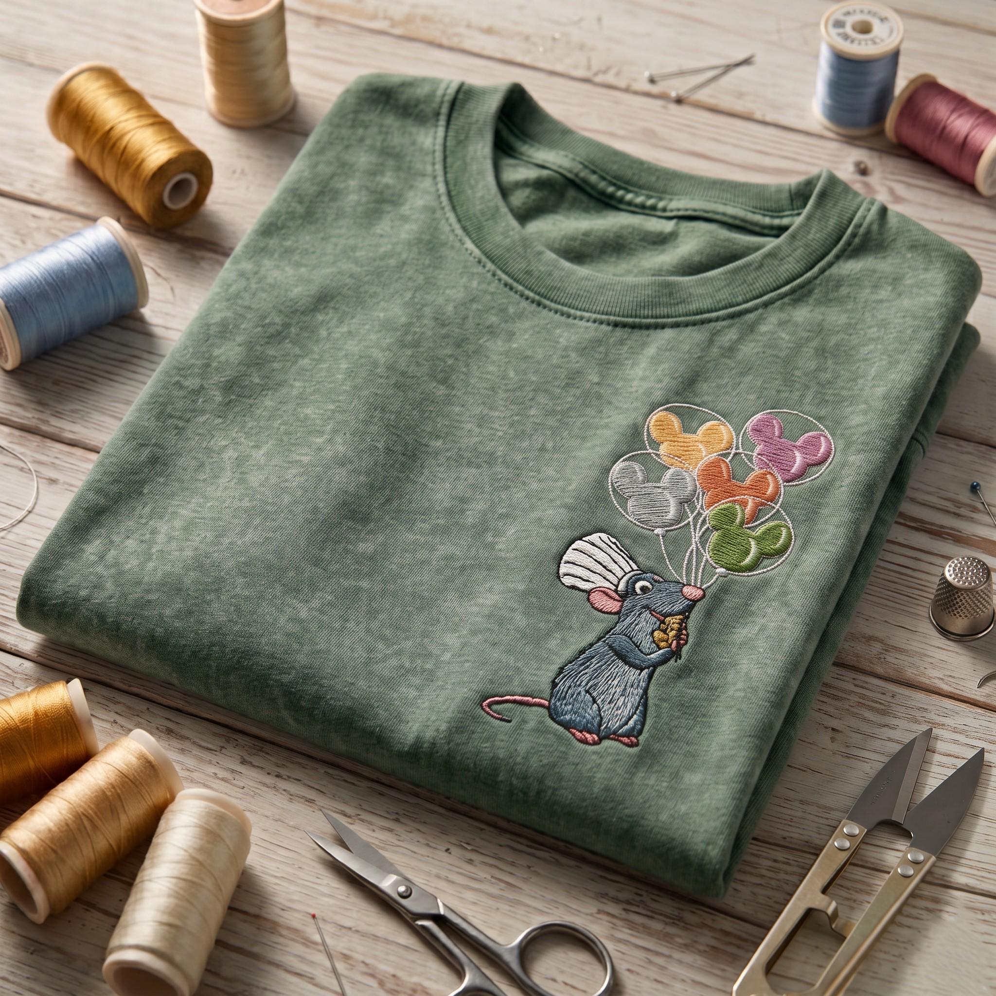 Embroidered Remy Ratatouille Chef Mouse With Mickey Balloons Washed T-Shirt for Disneyland Vacation and Retro Disney Park Outfit - photo 4
